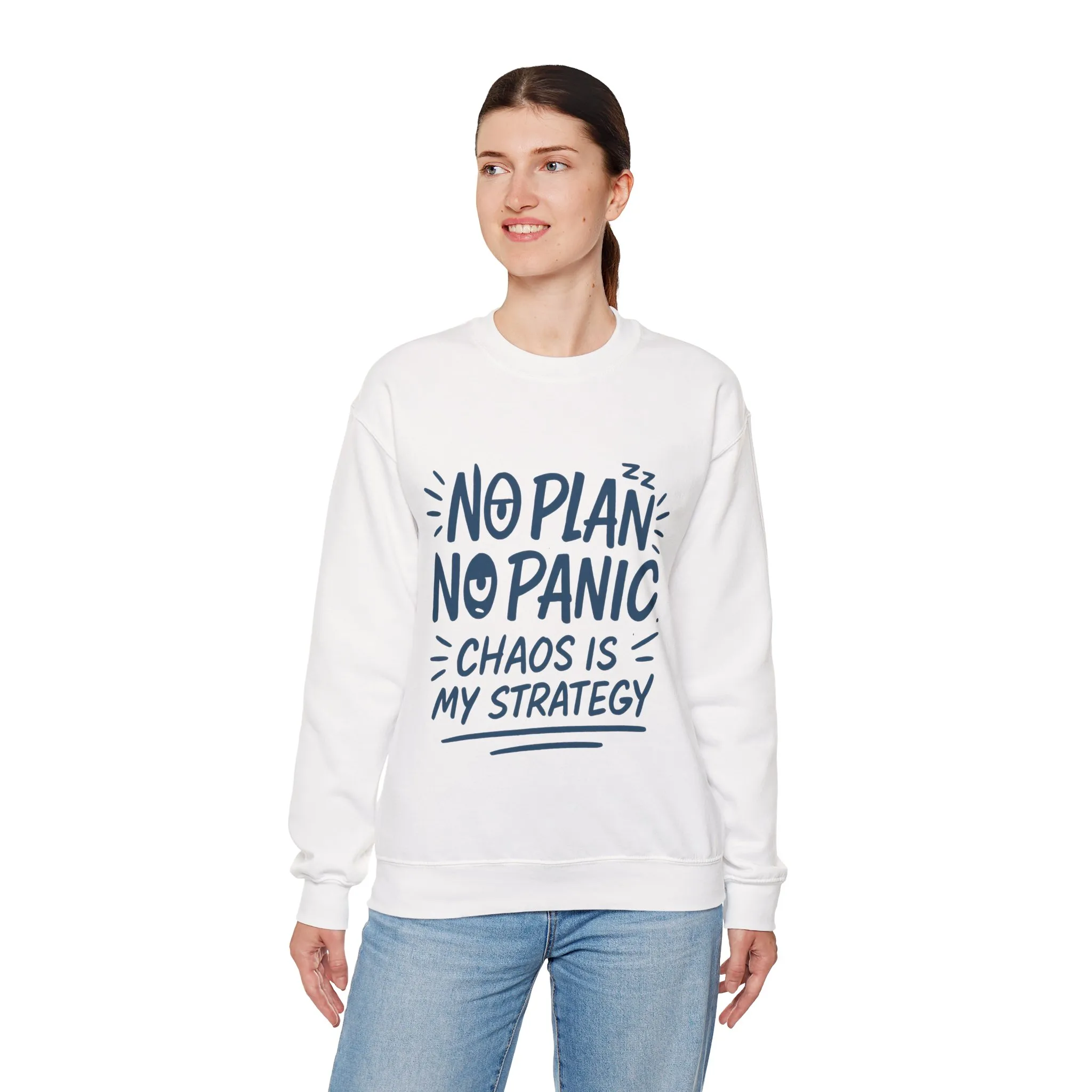 Funny Women's Crewneck Sweatshirt, Chaos Strategy Sweatshirt, No Plan No Panic, Cute Winter Layering for Women, Humorous Gift Idea - Image 6