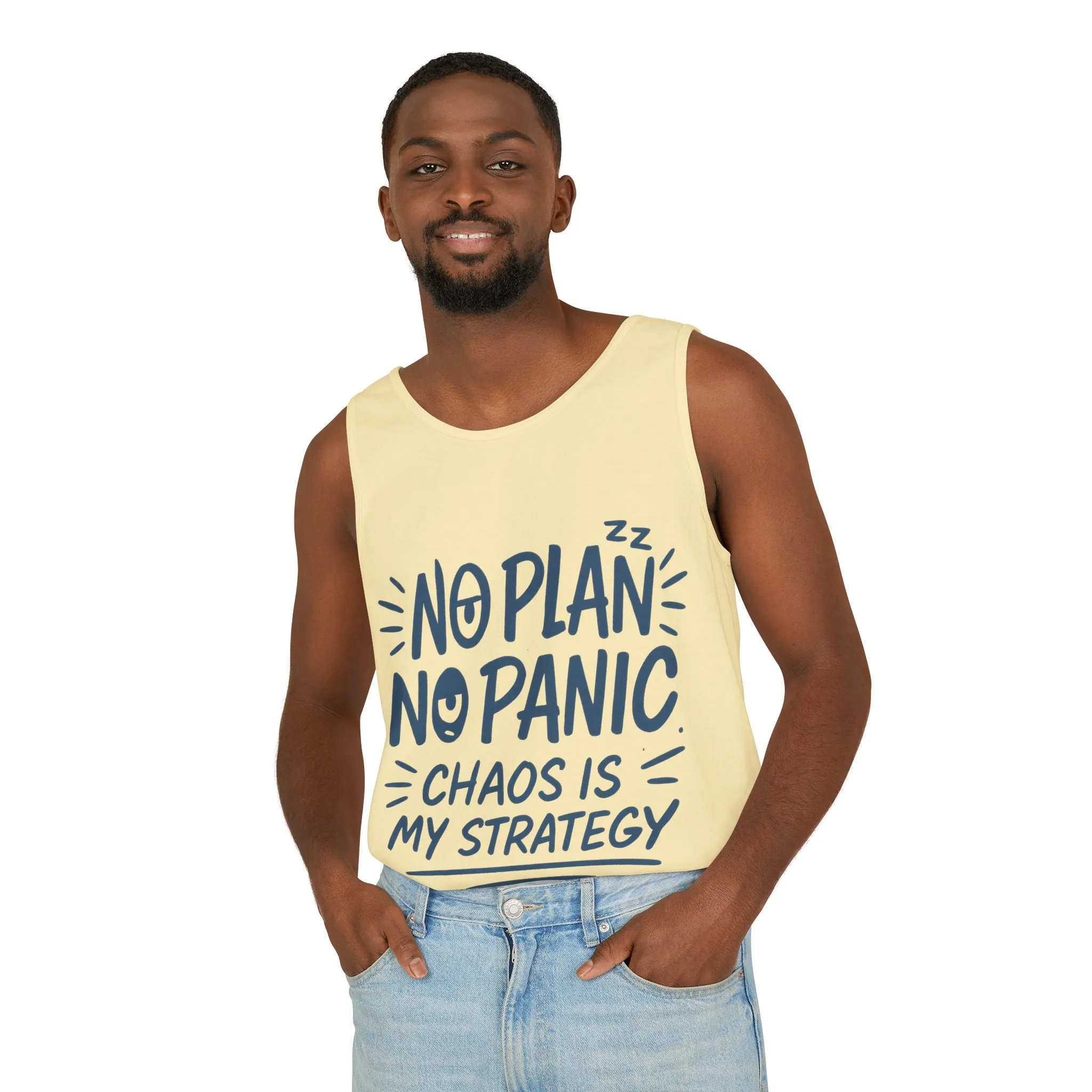 Funny Chaos Quote Mens Tank Top, No Plan No Panic Humor Shirt, Casual Graphic Tee Gift for Him, Relaxed Fit, Workout Gym Humor Shirt - Image 33