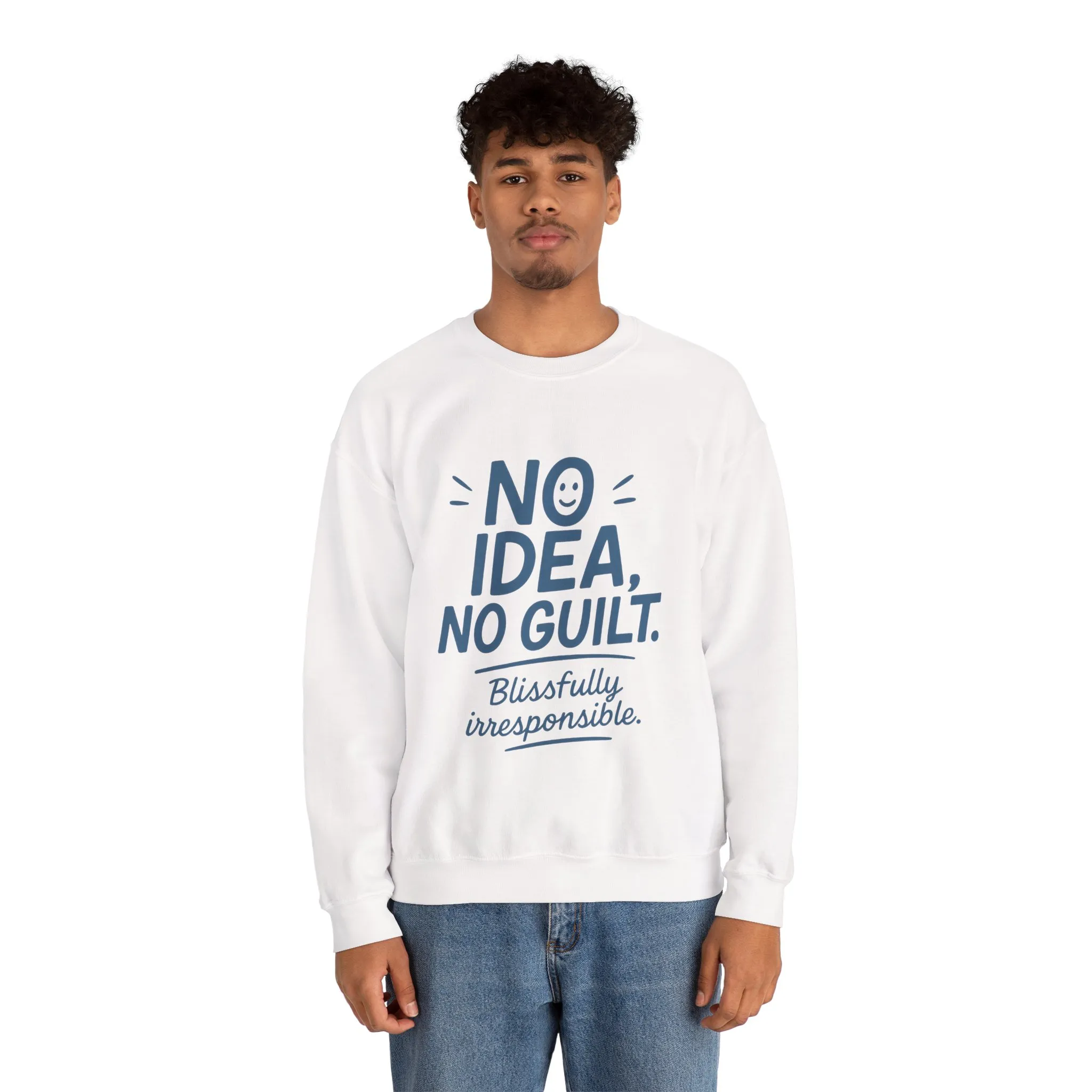 Mens Funny Sweatshirt, No Idea No Guilt Quote, Blissfully Irresponsible Cozy Pullover, Relaxed Fit Gift for Him, Cozy Mens Crewneck - Image 5