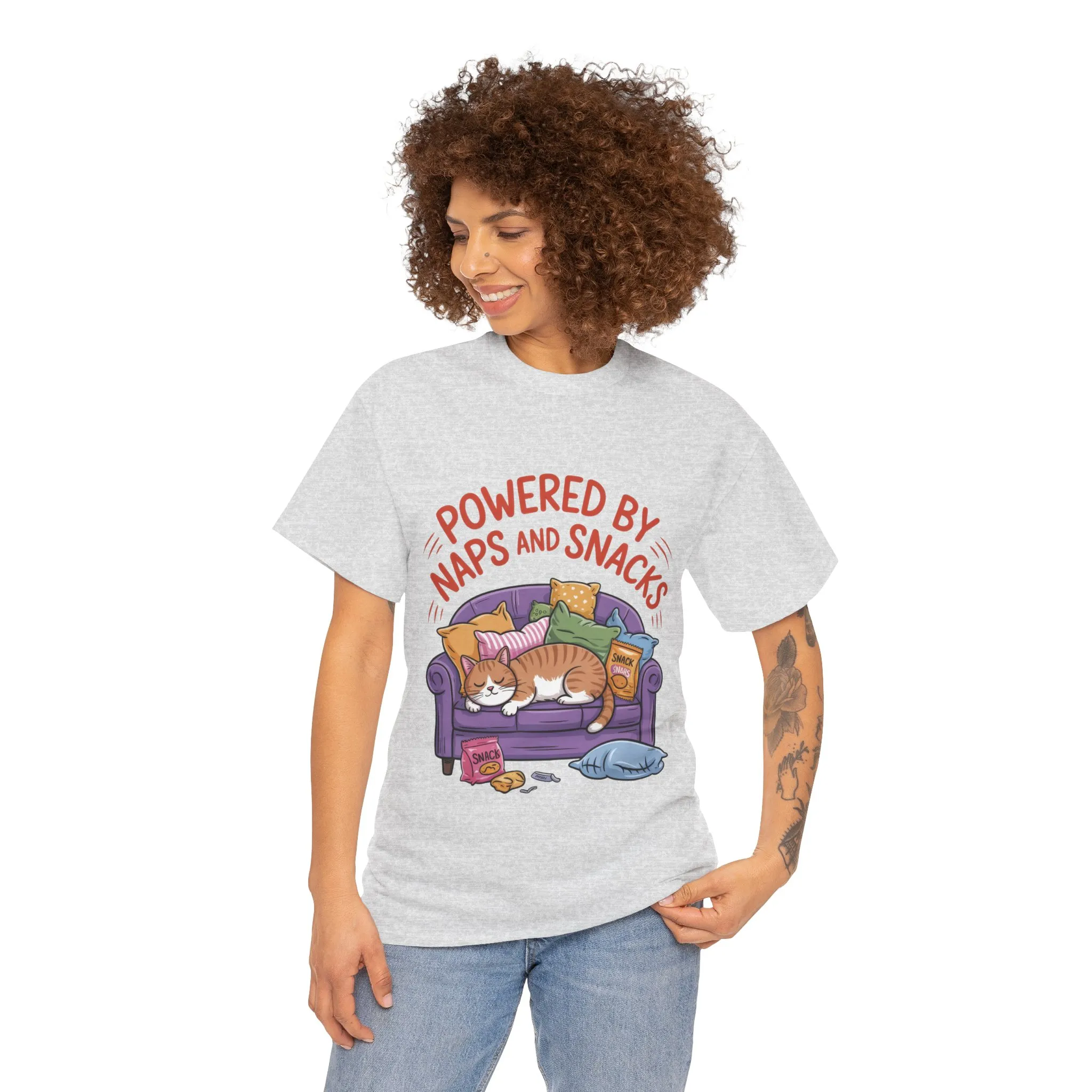 Powered by Naps and Snacks Cat T-Shirt, Funny Lazy Cat Lover Womens Tee, Cute Humor Shirt, Cozy Gift for Her, Cozy Cat Lover T-Shirt - Image 5