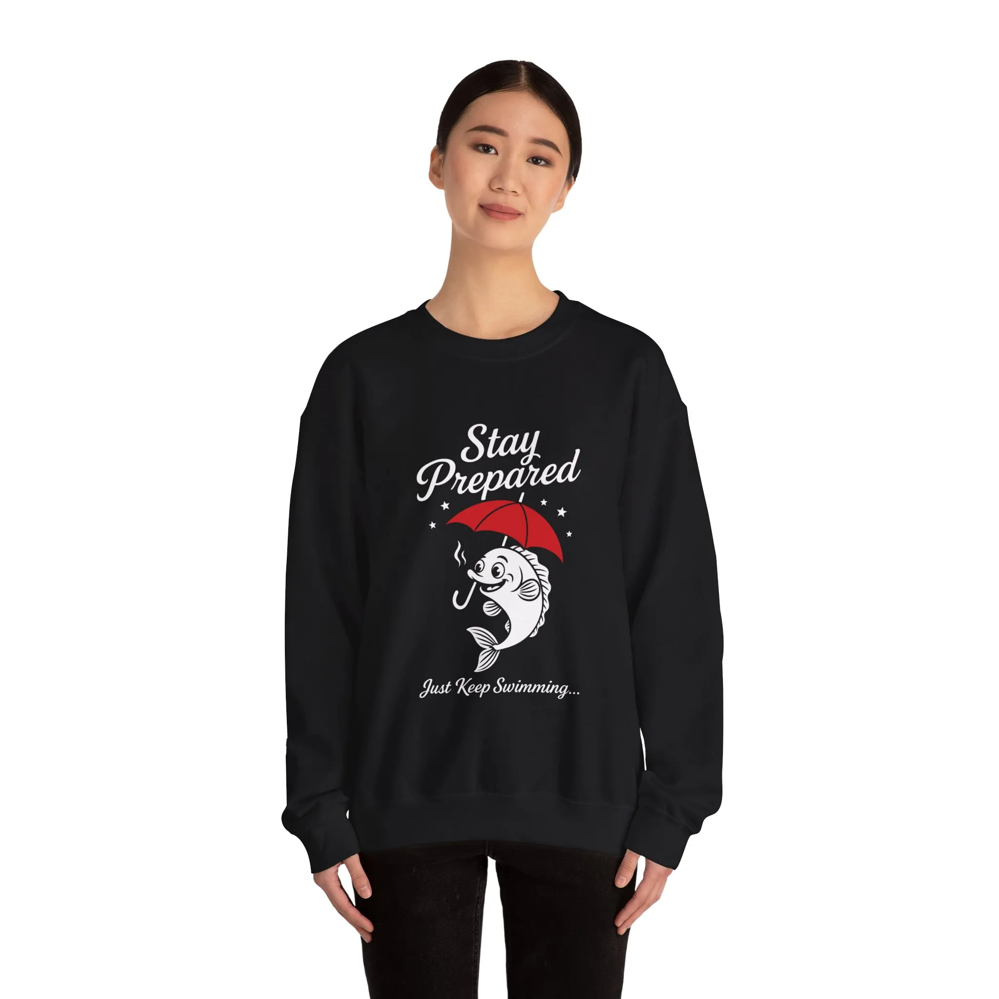 Funny Fish Womens Crewneck Sweatshirt - Stay Prepared Just Keep Swimming Nautical Pullover - Cozy Positive Gift, Fishing Humor