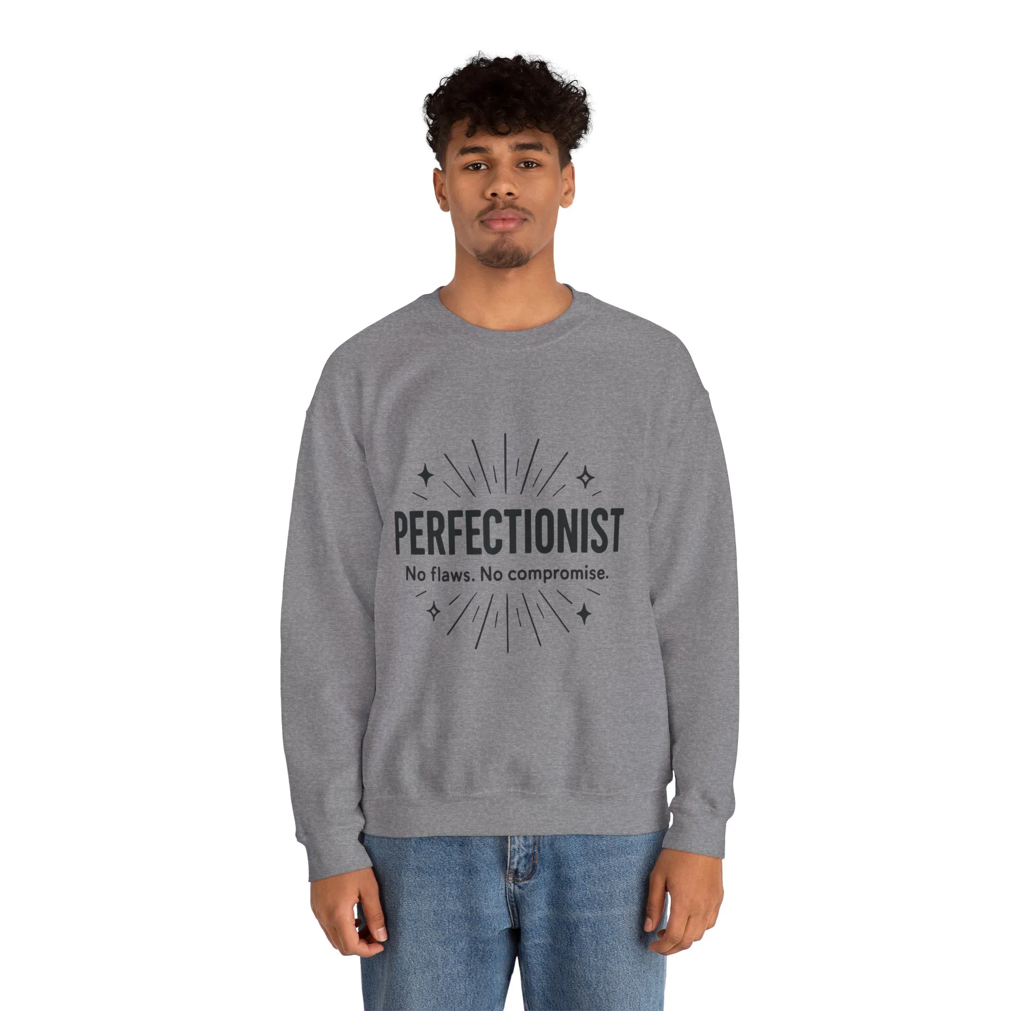 Men's Perfectionist Sweatshirt, Bold No Flaws No Compromise Design, Clean Look Funny Gift for Him, Minimal Black Graphic Pullover - Image 14