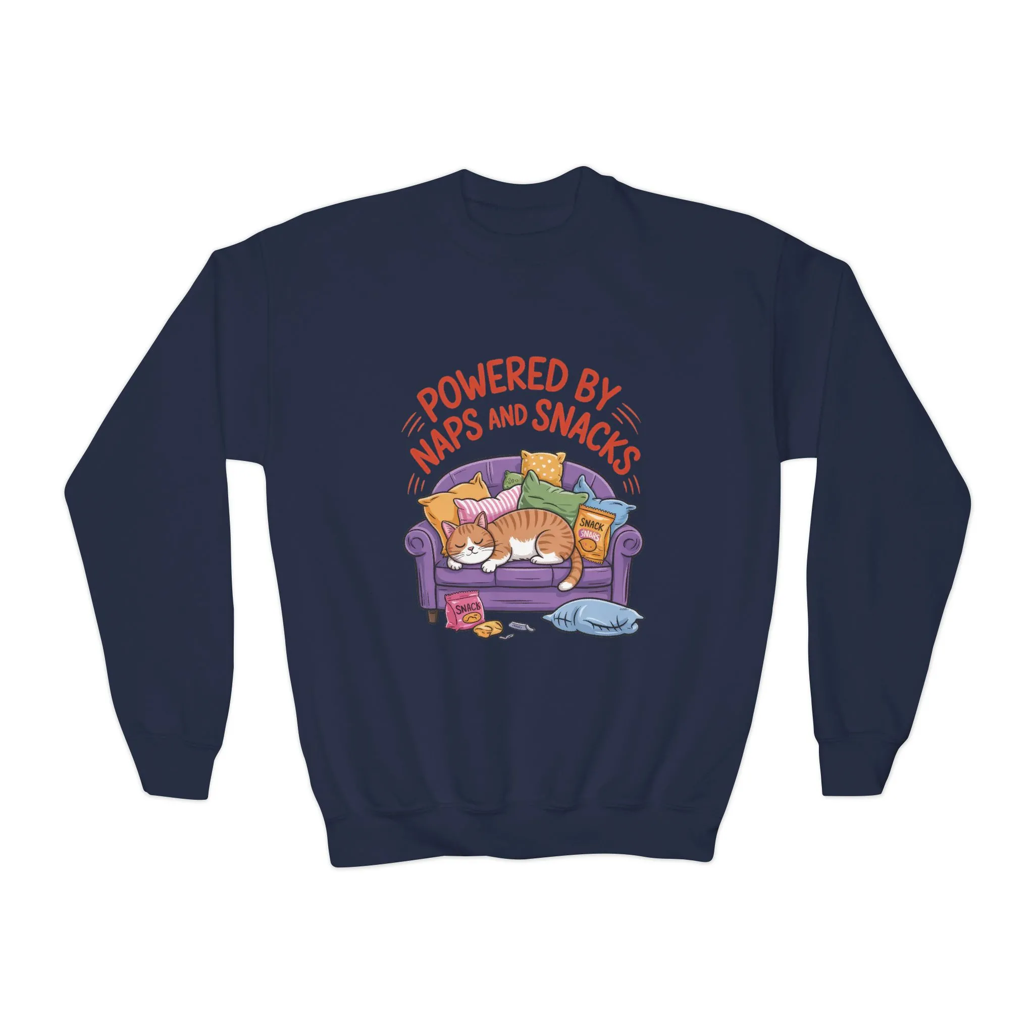 Youth Sweatshirt - Powered by Naps and Snacks, Cozy Apparel for Kids, Perfect for Chill Days, Gift for Cat Lovers, Funny Sweatshirt - Image 2