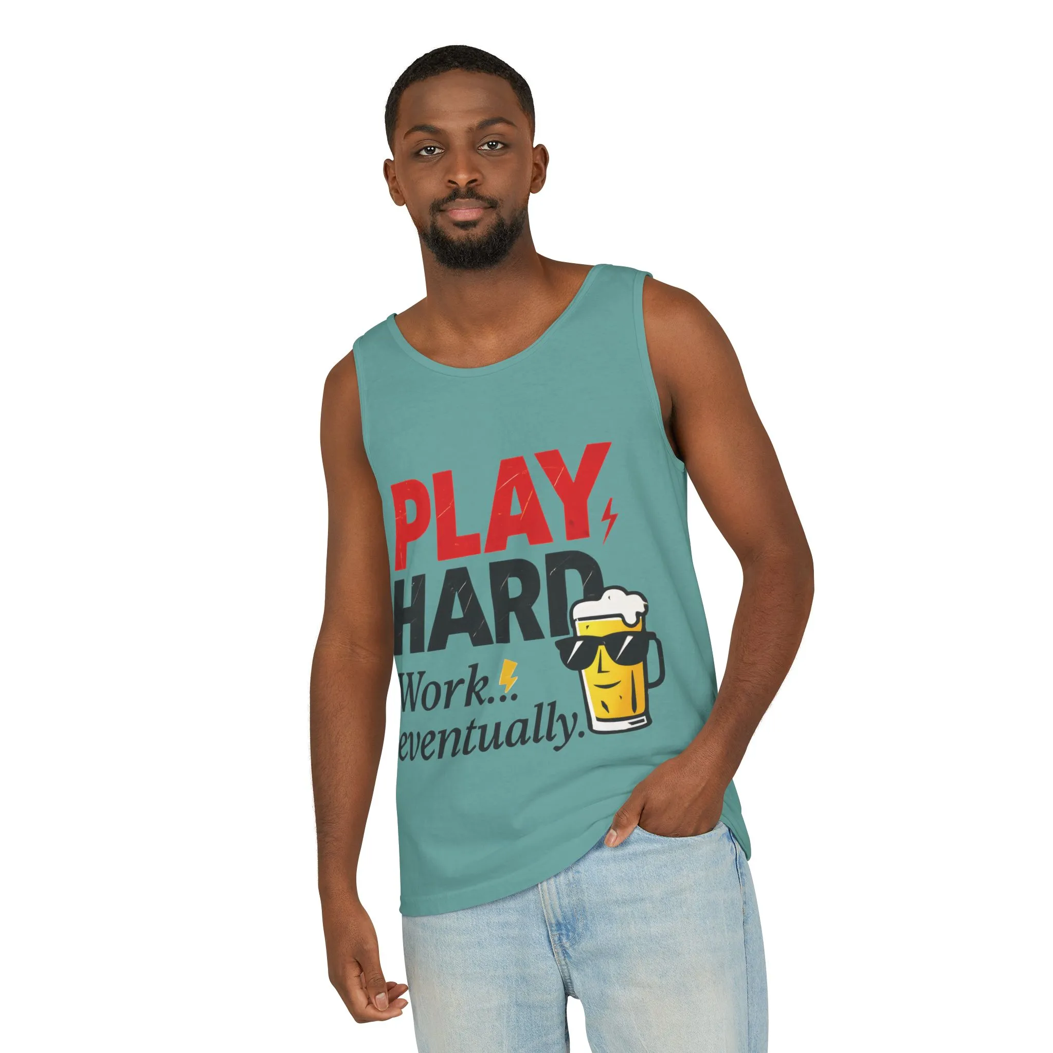 Casual Tank Top with Play Hard Print, Fun Summer Apparel, Gift for Dad or Friends, Beach Wear, Workout Top, Party Attire - Image 38