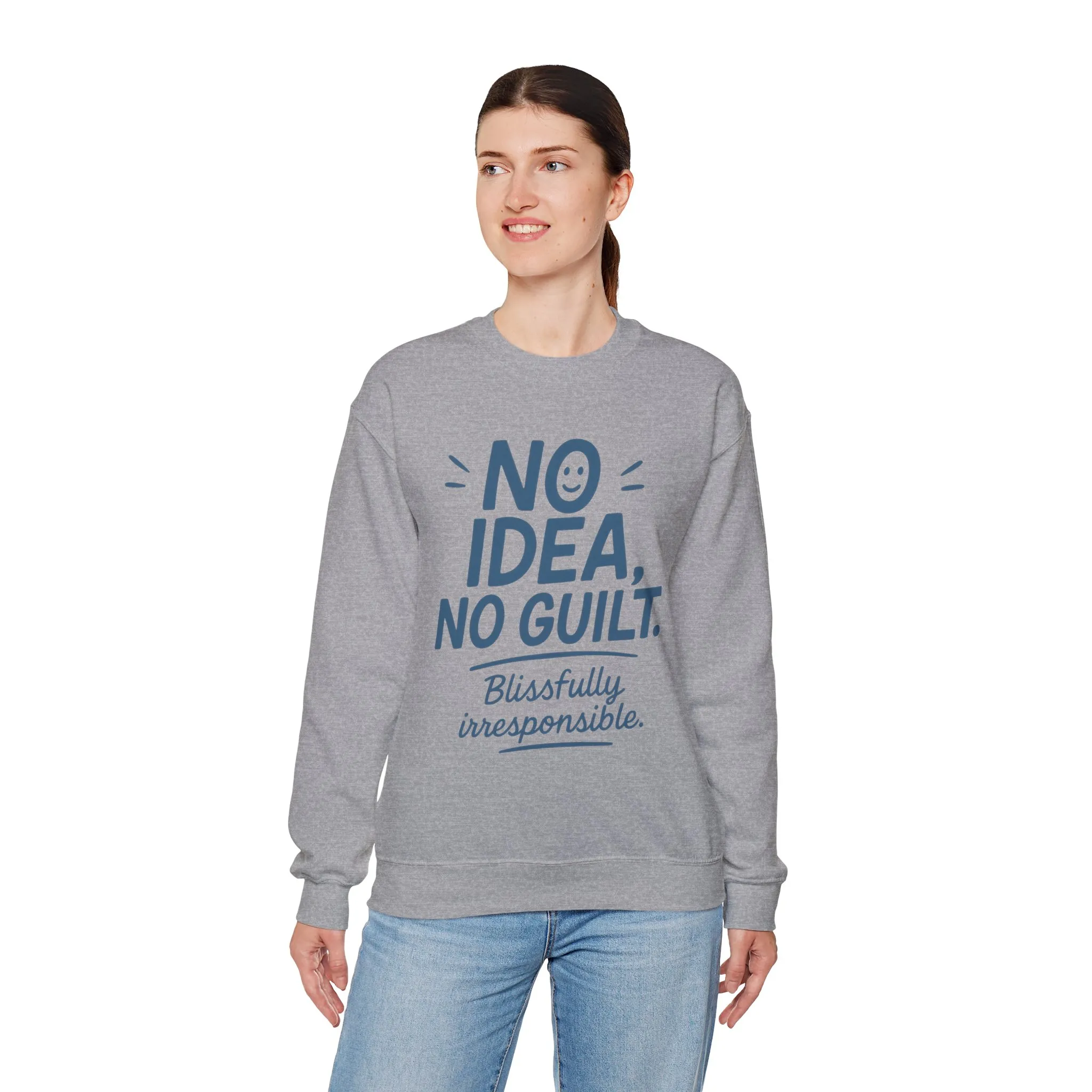 Funny Womens Sweatshirt, No Idea No Guilt Quote, Blissfully Irresponsible Cozy Pullover, Relaxed Fit Gift for Her, Gift for Friends - Image 15