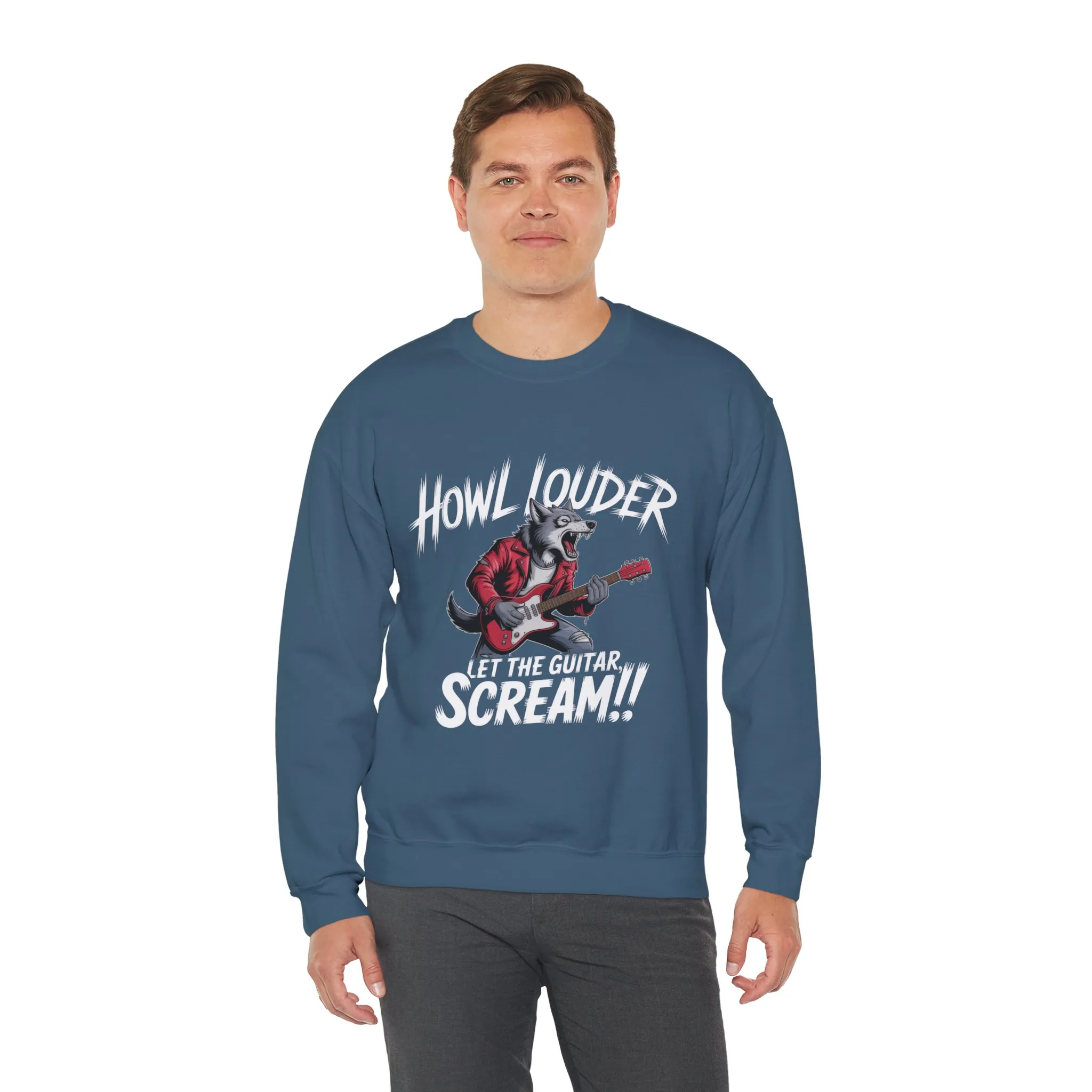 Howl Louder Wolf Sweatshirt, Let The Guitar Scream Pullover, Rock Guitar Animal Hoodie, Rocking Wolf Crewneck Sweatshirt, Music Lover Gift - Image 18