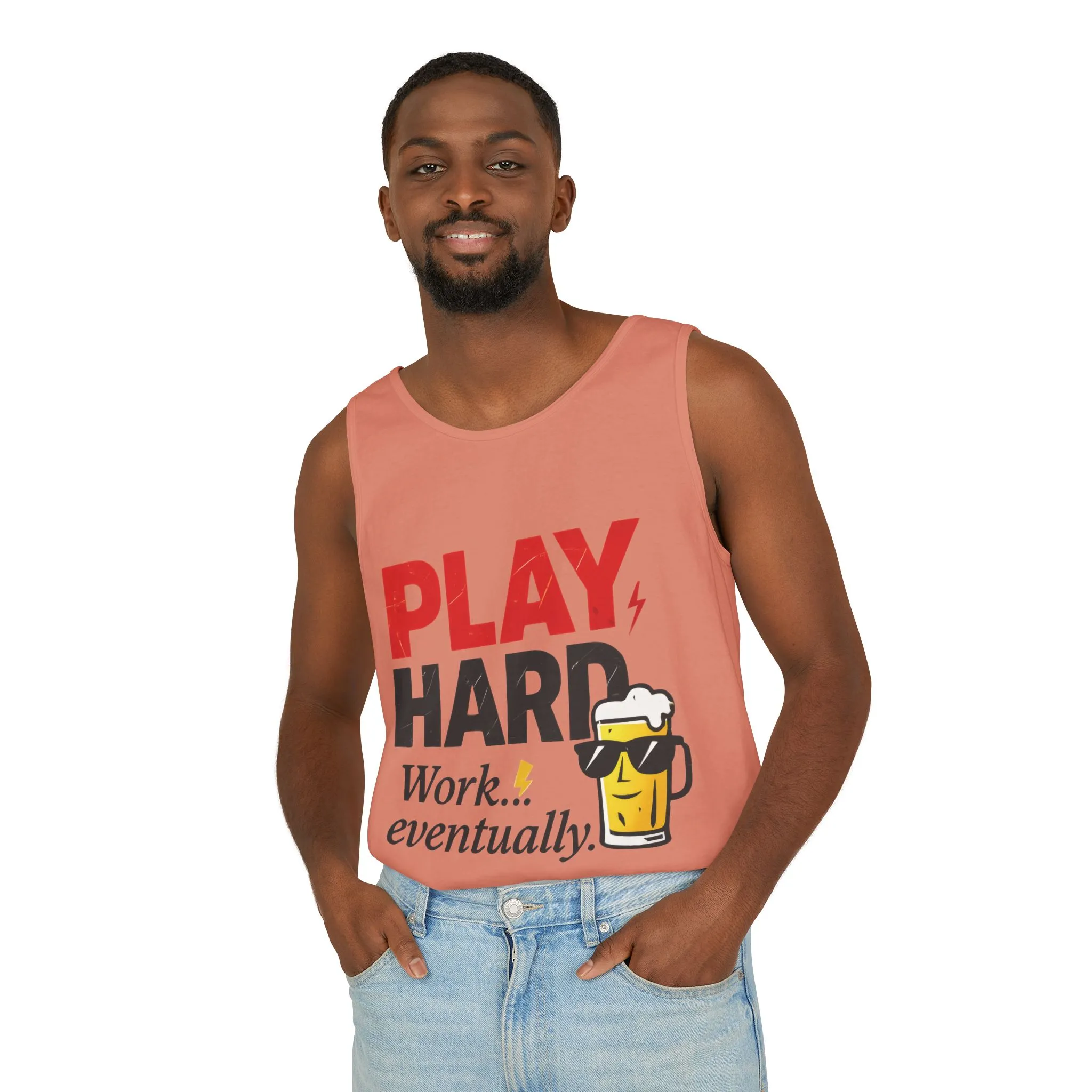 Casual Tank Top with Play Hard Print, Fun Summer Apparel, Gift for Dad or Friends, Beach Wear, Workout Top, Party Attire - Image 9