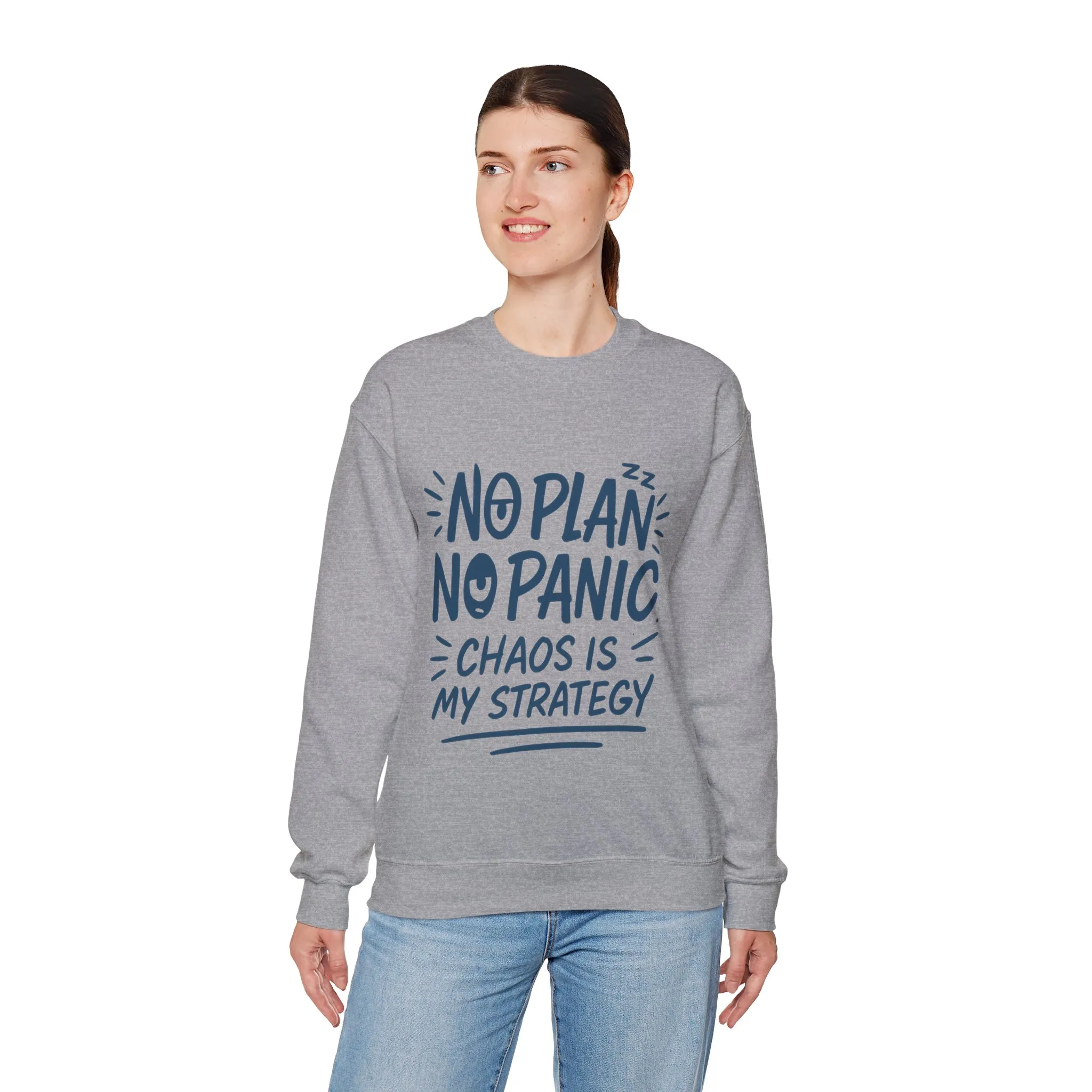 Funny Women's Crewneck Sweatshirt, Chaos Strategy Sweatshirt, No Plan No Panic, Cute Winter Layering for Women, Humorous Gift Idea - Image 3