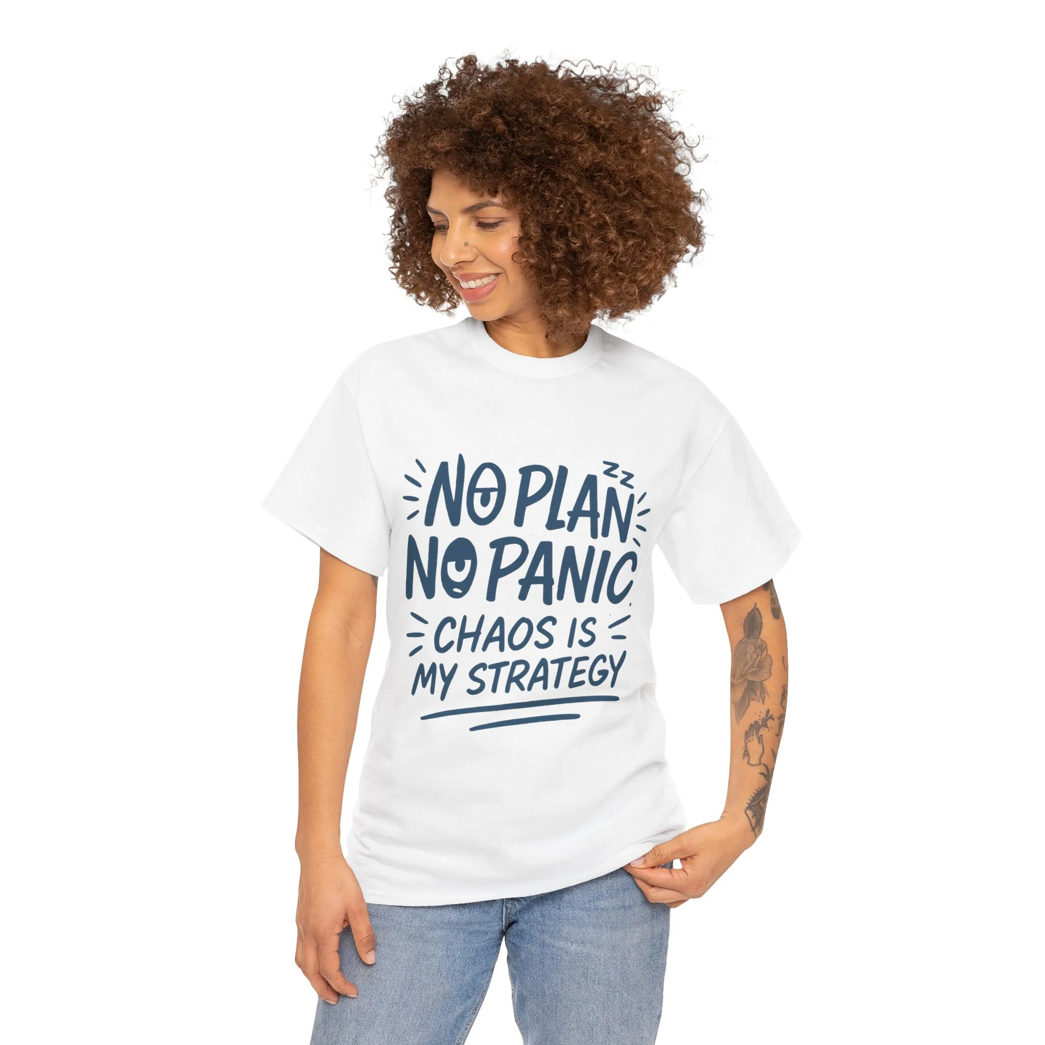 Funny Chaos Strategy T-Shirt, No Plan No Panic Quote Shirt, Cute Tee for Women, Humorous Gift Idea, Casual Relaxed Fit Top