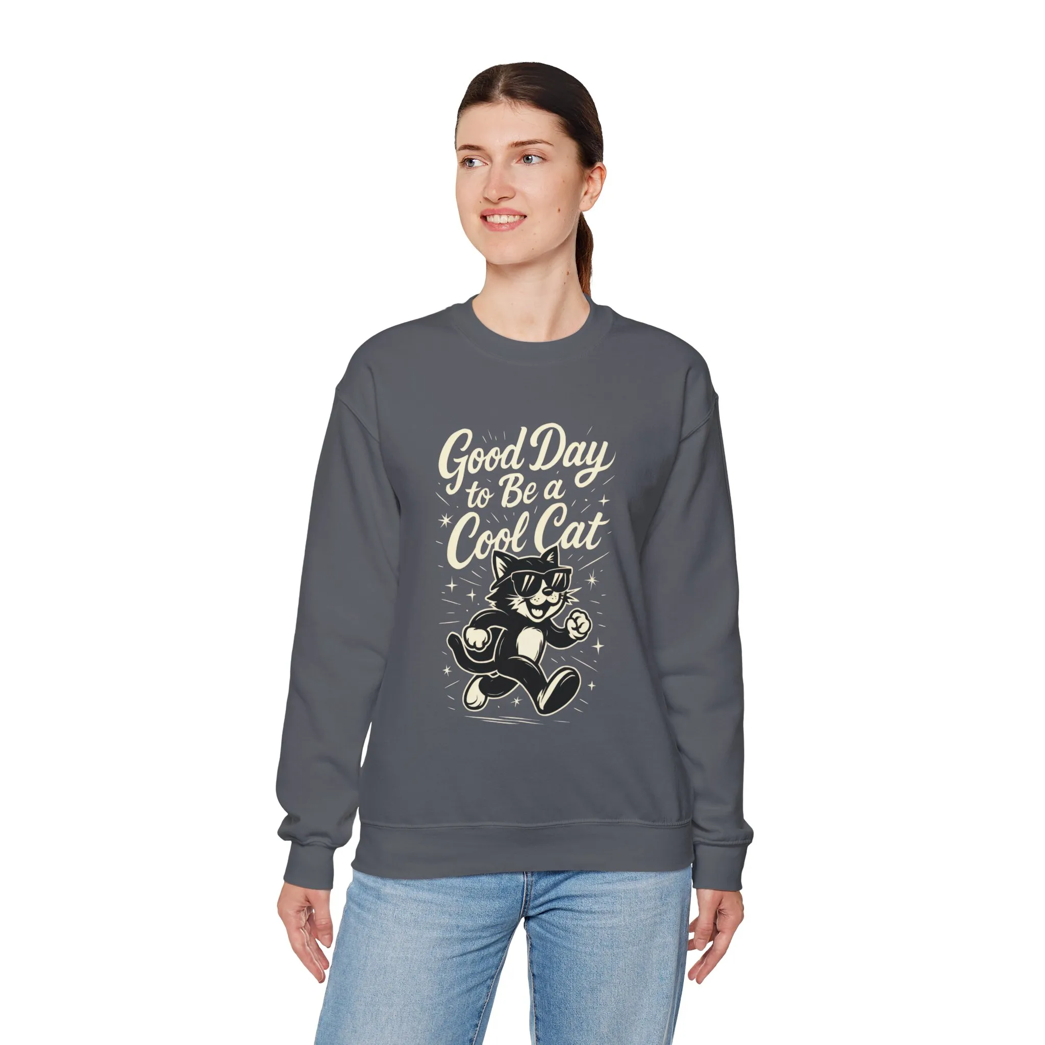 Funny Cool Cat Womens Crewneck Sweatshirt - Good Day to Be a Cool Cat Retro Kitty Pullover - Cute Cat Lover Sweater - Image 12
