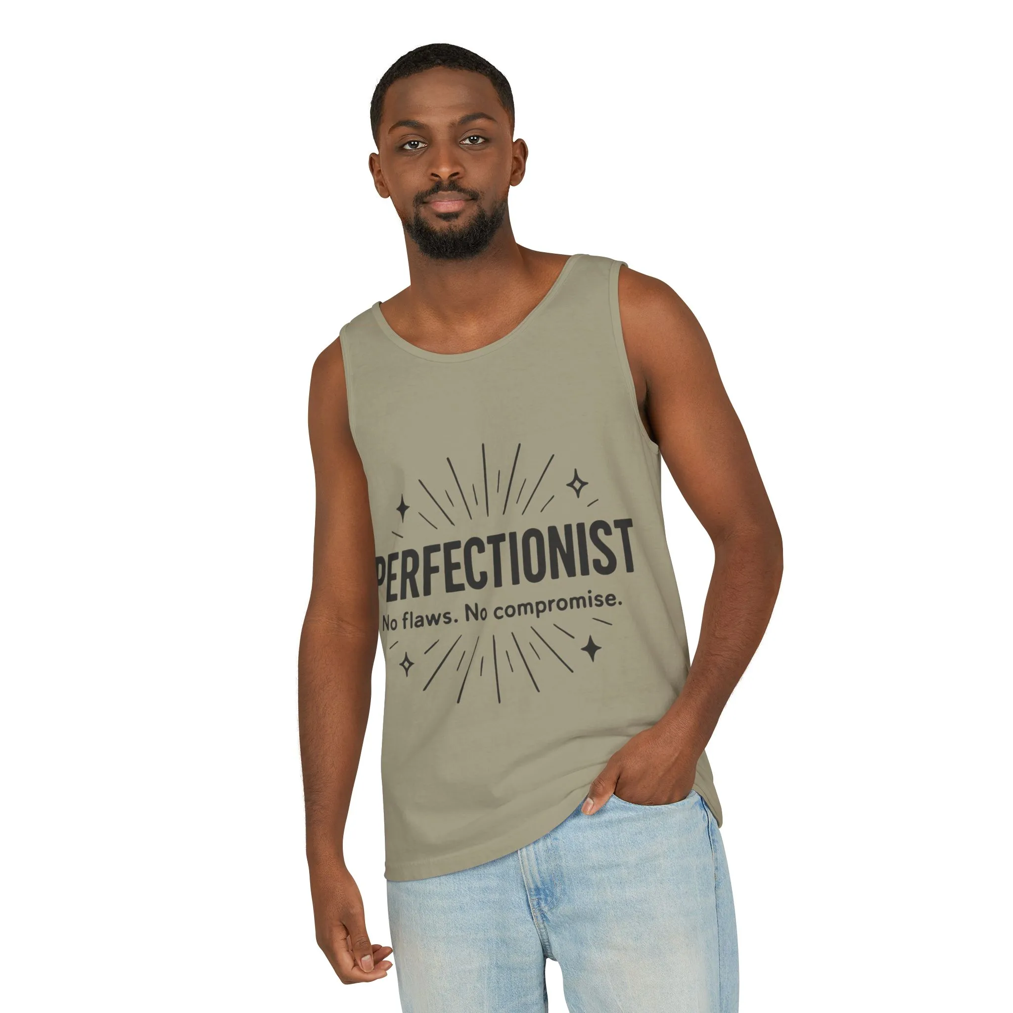 Mens Perfectionist Tank Top, No Flaws No Compromise, Minimal Bold Graphic Tee, Gift for OCD, Clean Freak, or Detail-Oriented Men - Image 4