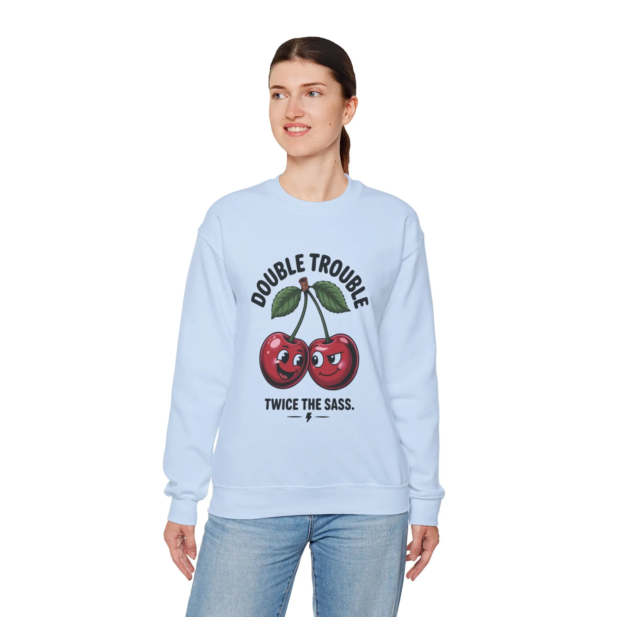 Double Trouble Cherry Sweatshirt, Cute Funny Womens Pullover, Twice The Sass Fruit Graphic Sweater, Playful Red Cherry Crewneck - Image 12