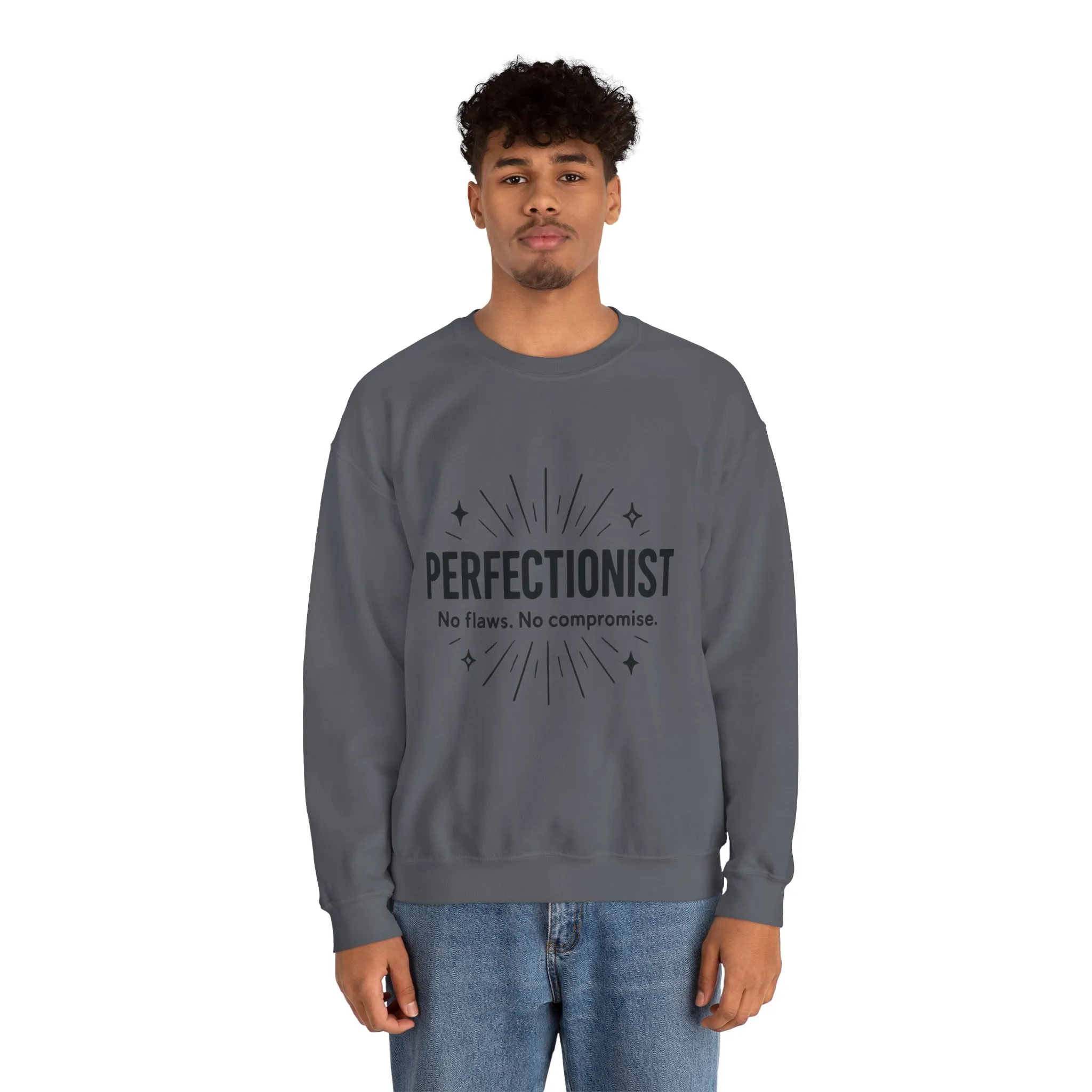 Men's Perfectionist Sweatshirt, Bold No Flaws No Compromise Design, Clean Look Funny Gift for Him, Minimal Black Graphic Pullover - Image 20