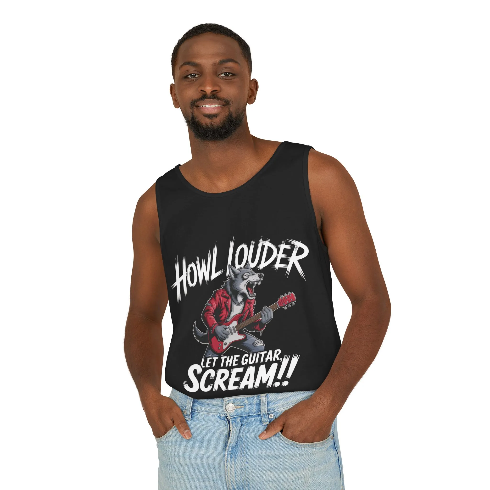 Howl Louder Wolf Tank Top, Mens Muscle Shirt, Rock Guitarist Graphic Sleeveless Tee, Wolf Workout Gym Tank, Music Lover Gift - Image 3