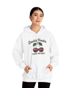 Double Trouble Cherry Hoodie, Cute Funny Womens Hooded Sweatshirt, Twice The Sass Fruit Graphic Pullover, Sassy Cherry Hooded Top