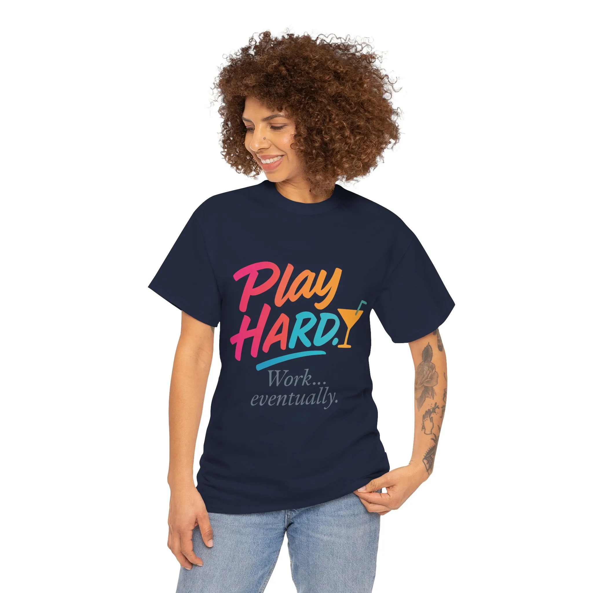 Play Hard Work Eventually T-Shirt, Funny Cocktail Graphic Tee, Pink Womens Party Shirt, Relaxed Vacation Top - Image 2