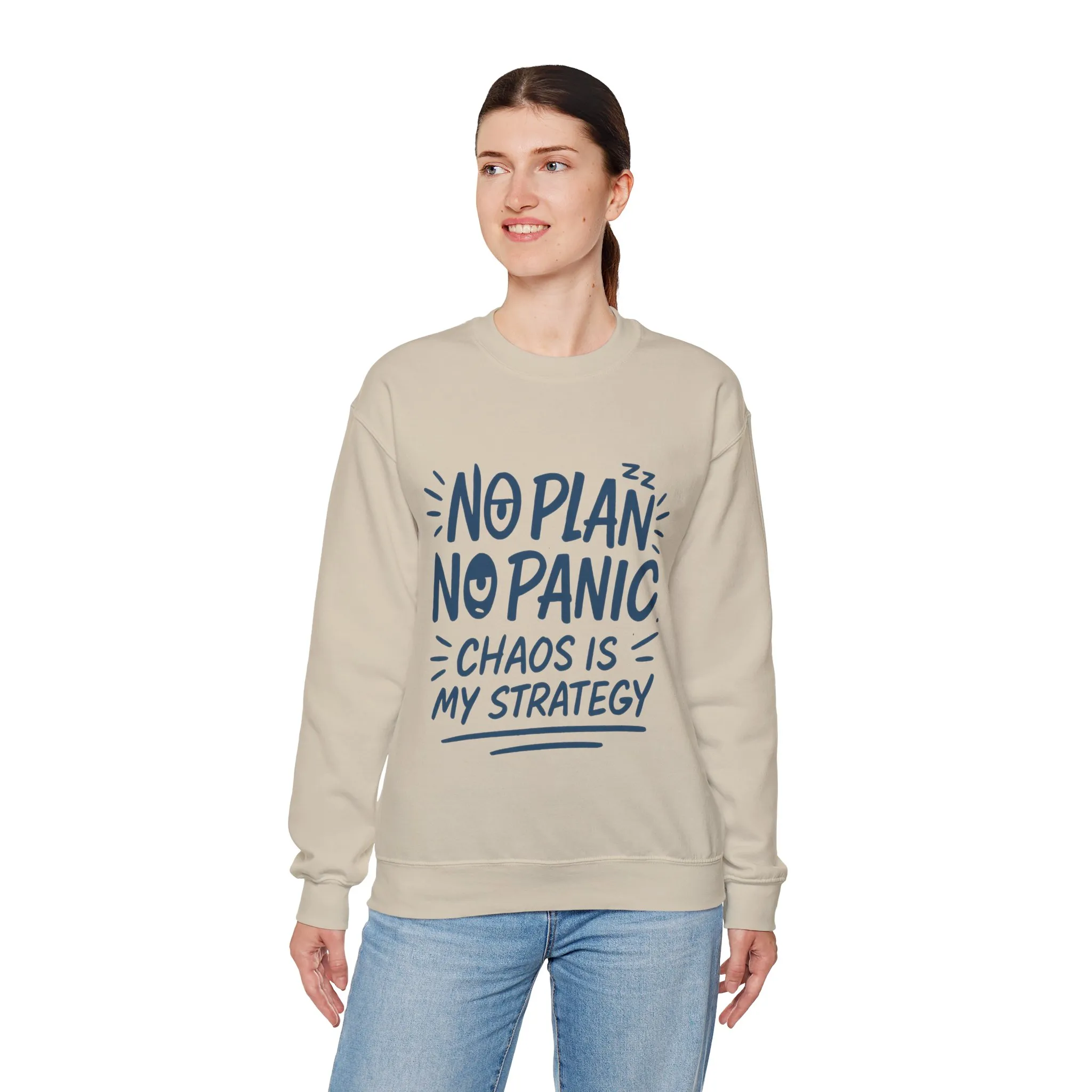 Funny Women's Crewneck Sweatshirt, Chaos Strategy Sweatshirt, No Plan No Panic, Cute Winter Layering for Women, Humorous Gift Idea - Image 36