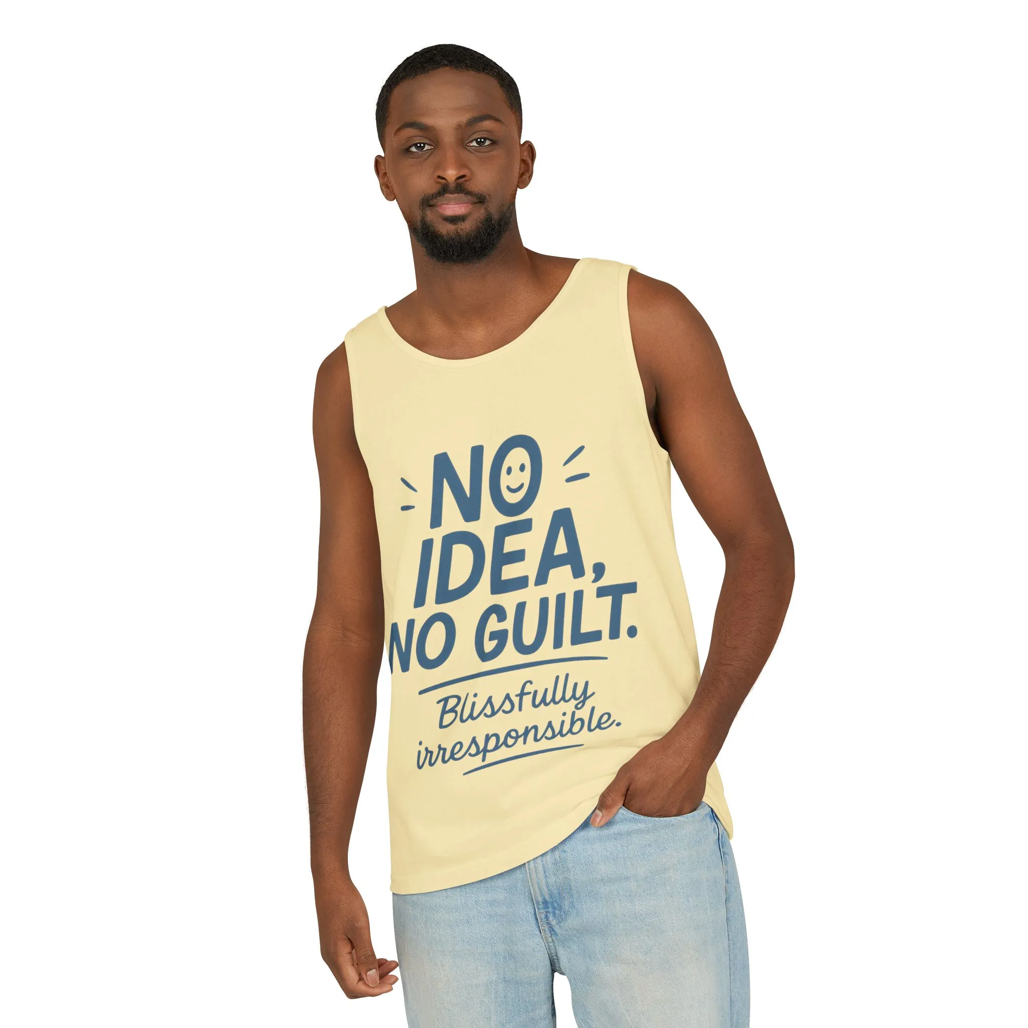 Mens Funny Tank Top, No Idea No Guilt Quote, Blissfully Irresponsible Gym Shirt, Casual Sleeveless Top, , Fun Party Shirt