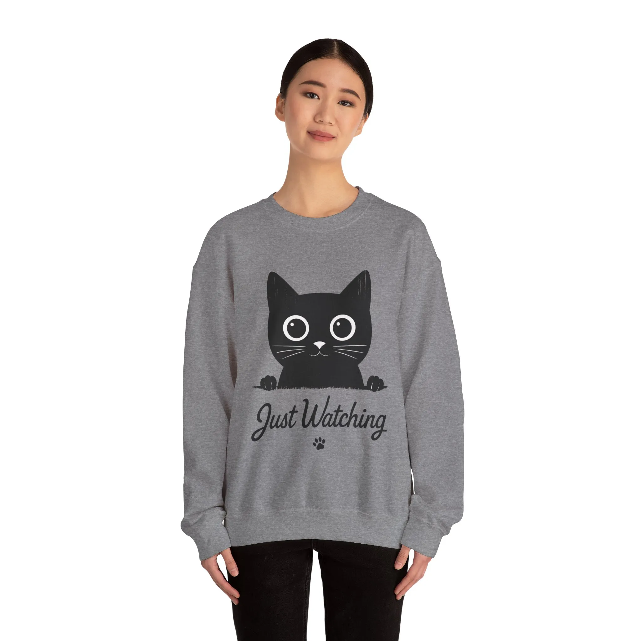 Funny Black Cat Womens Crewneck Sweatshirt - Just Watching Minimalist Kitty Pullover - Cozy Cat Lover Gift, Pet Owner Apparel - Image 11