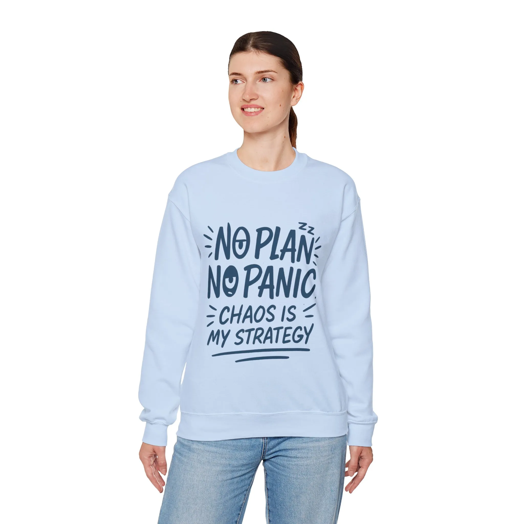 Funny Women's Crewneck Sweatshirt, Chaos Strategy Sweatshirt, No Plan No Panic, Cute Winter Layering for Women, Humorous Gift Idea - Image 15