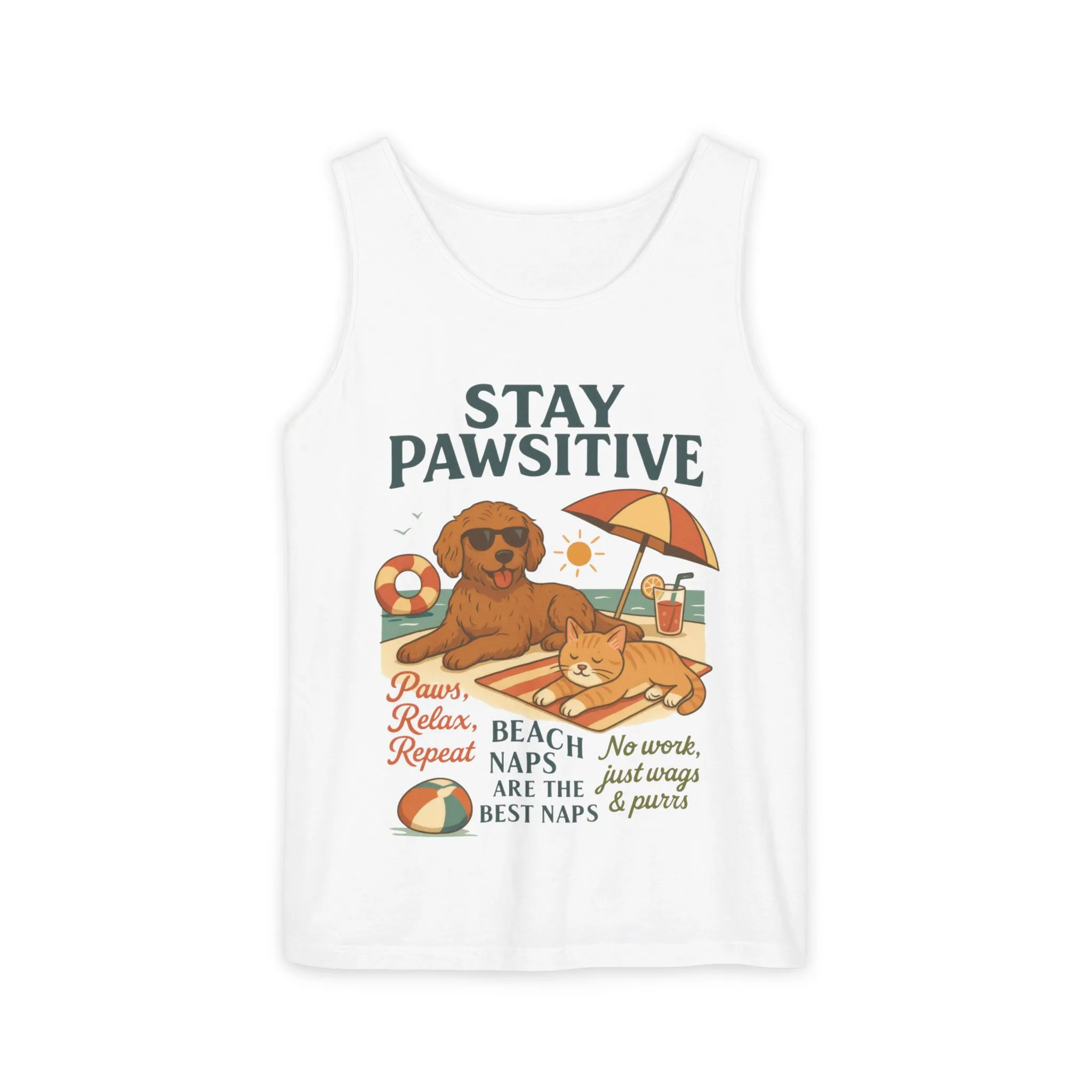 Stay Pawsitive Womens Tank, Cute Dog & Cat Beach Tee, Summer Pet Lover Tee, Animal Graphic Heavy Cotton Tee, Fun Pet Lovers Gift, Summer Top - Image 3