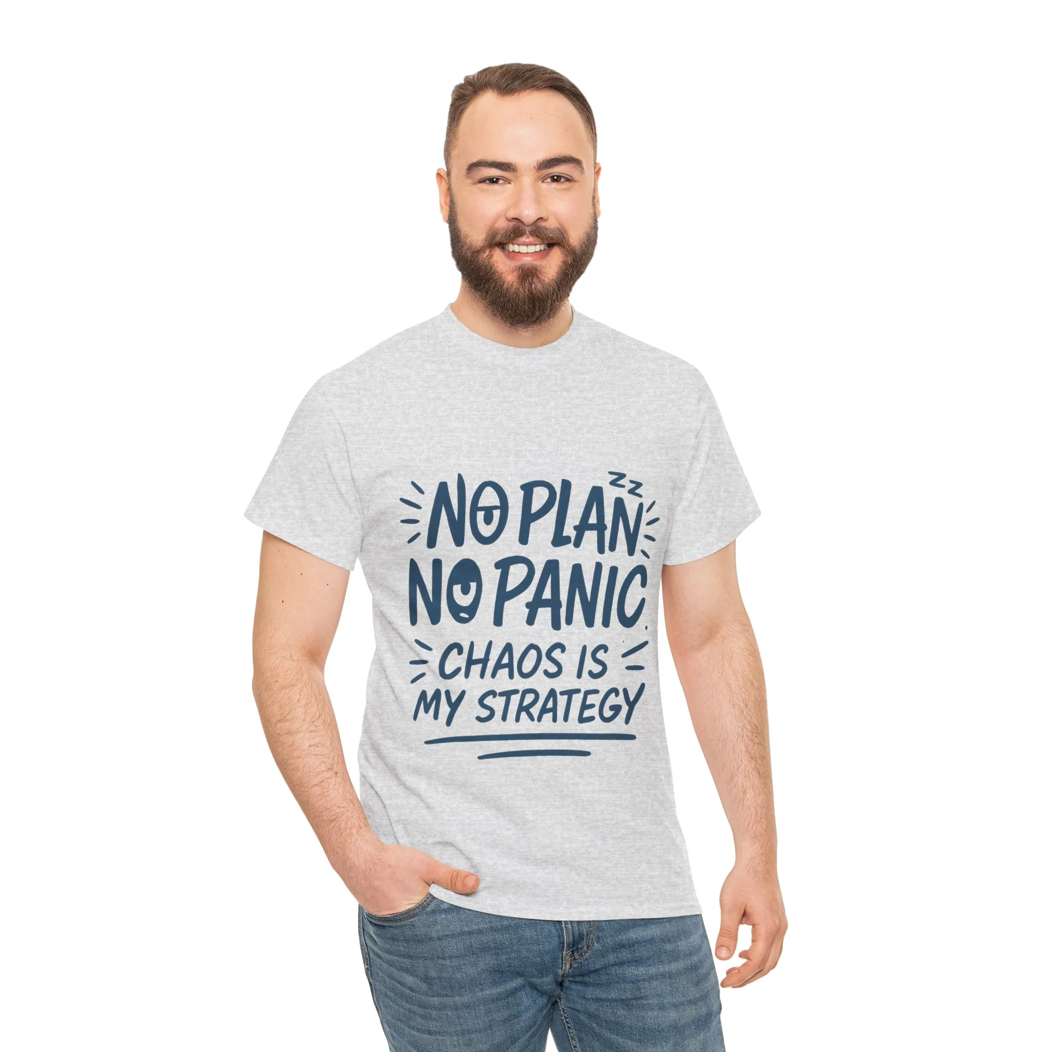 Funny Chaos Quote Mens T-Shirt, No Plan No Panic Humor Shirt, Casual Graphic Tee Gift for Him, Relaxed Fit - Image 5