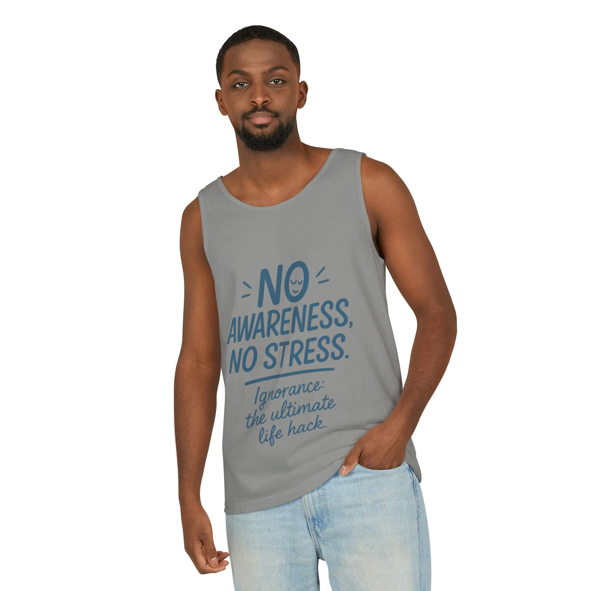 Mens No Awareness Tank Top, Funny No Stress Quote, Ignorance the Ultimate Life Hack, Workout Sleeveless Shirt, Mindfulness Fashion - Image 24