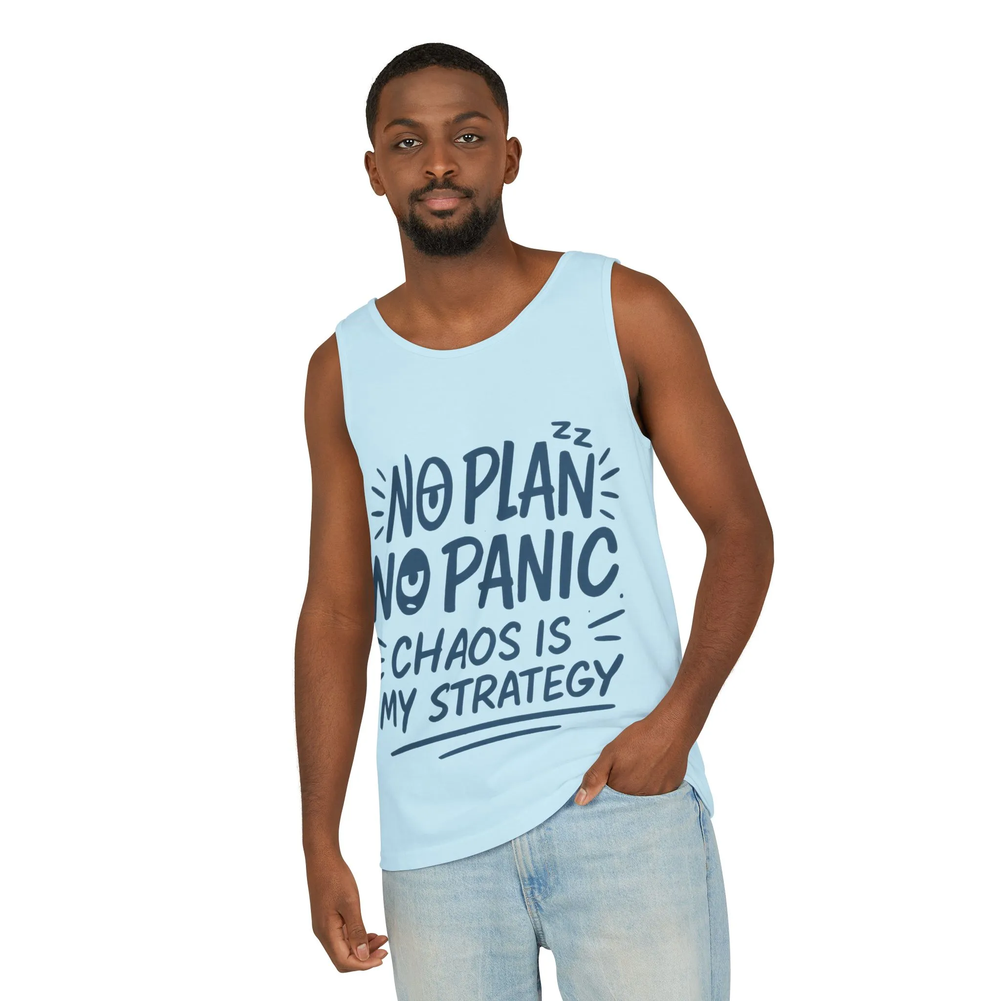 Funny Chaos Quote Mens Tank Top, No Plan No Panic Humor Shirt, Casual Graphic Tee Gift for Him, Relaxed Fit, Workout Gym Humor Shirt - Image 20