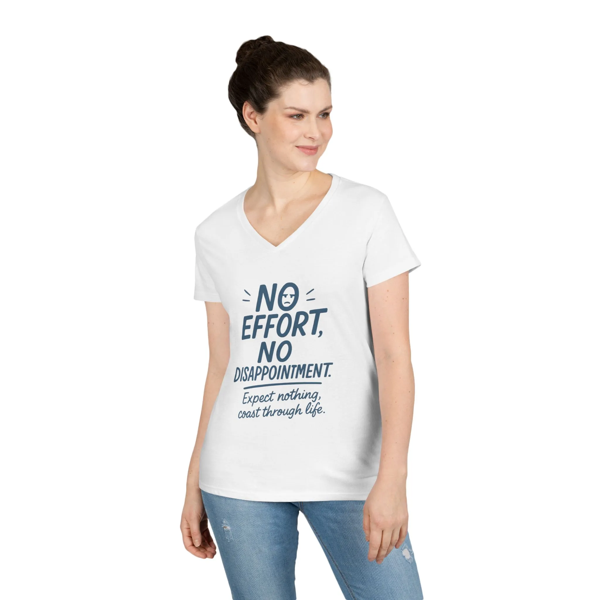 Funny No Effort Womens V-Neck T-Shirt, No Disappointment Lazy Life Quote Shirt, Cute Graphic Tee for Her, Life Philosophy Shirt - Image 4