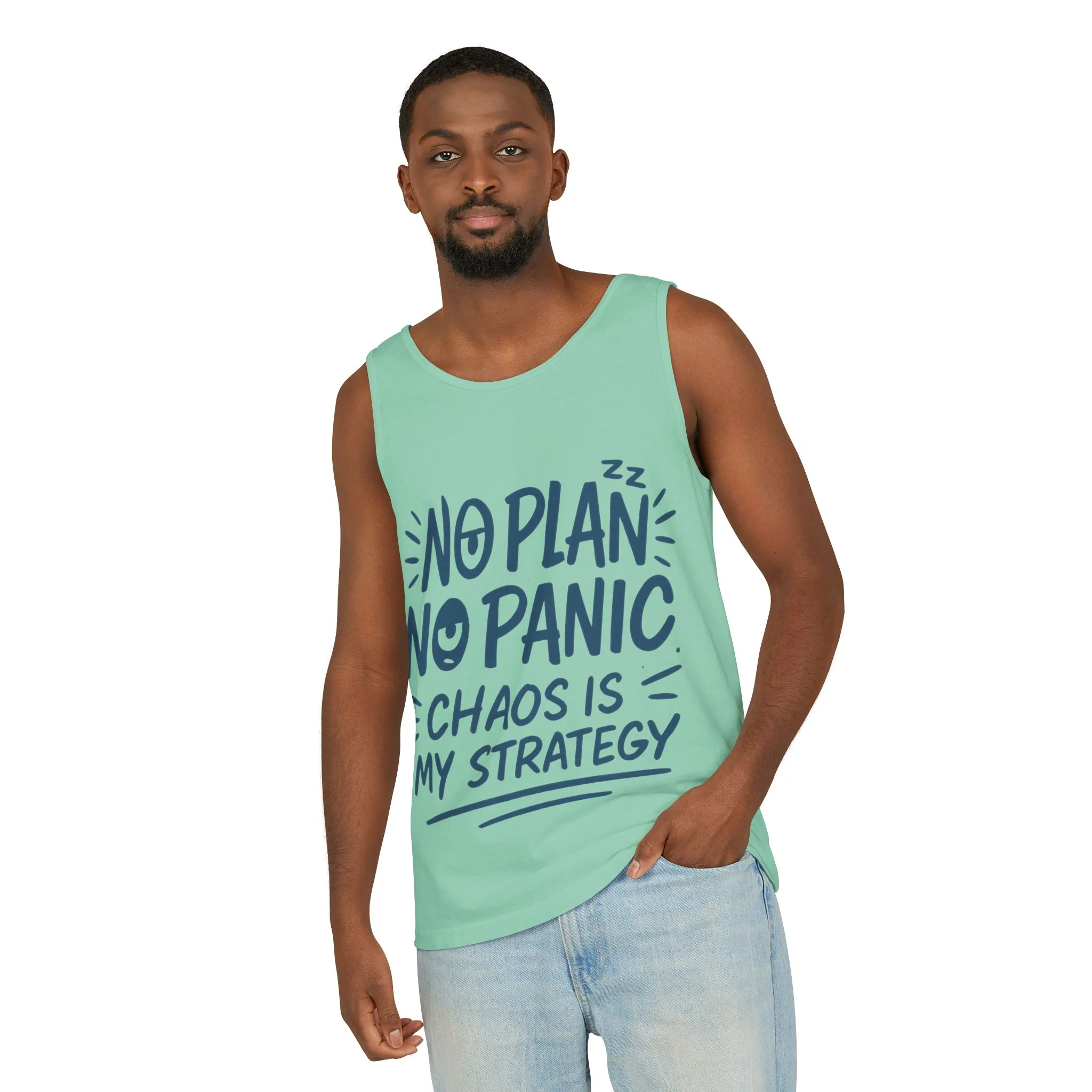 Funny Chaos Quote Mens Tank Top, No Plan No Panic Humor Shirt, Casual Graphic Tee Gift for Him, Relaxed Fit, Workout Gym Humor Shirt - Image 35