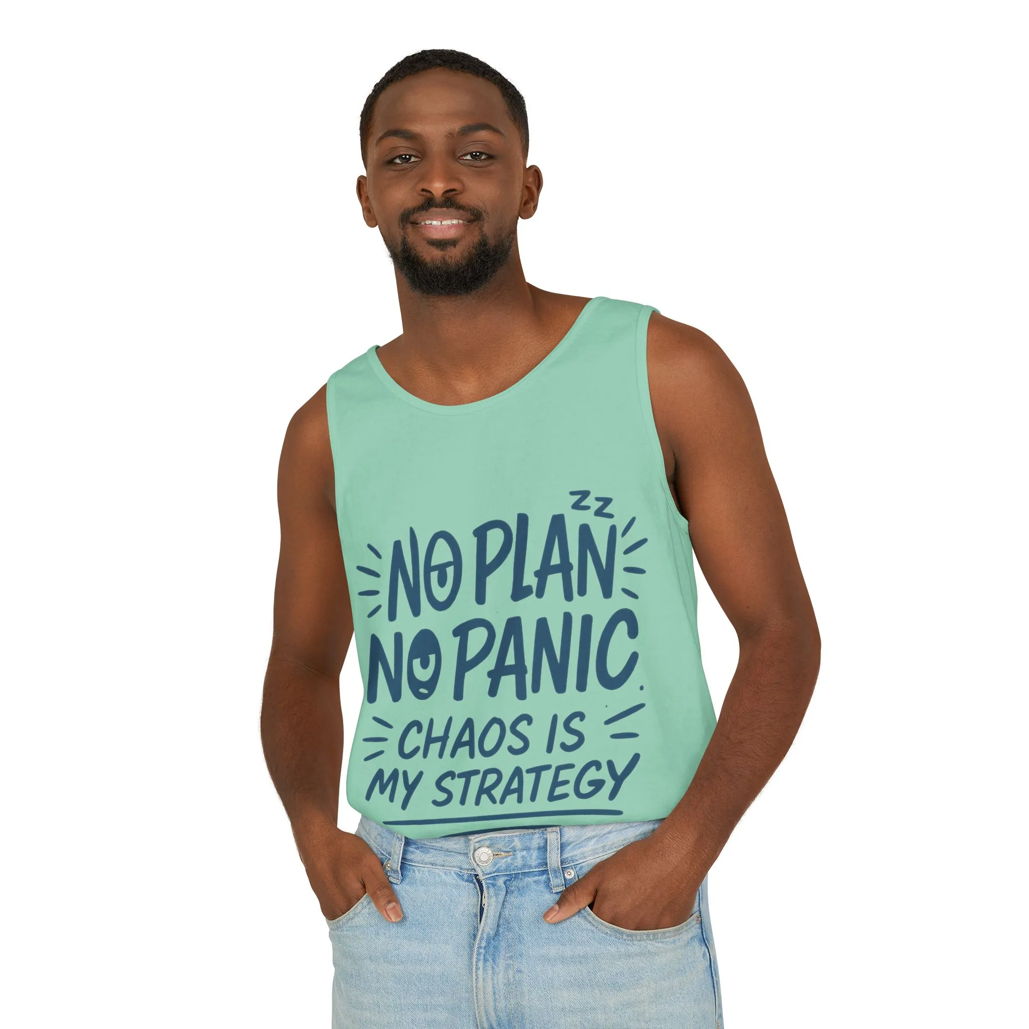 Funny Chaos Quote Mens Tank Top, No Plan No Panic Humor Shirt, Casual Graphic Tee Gift for Him, Relaxed Fit, Workout Gym Humor Shirt - Image 36