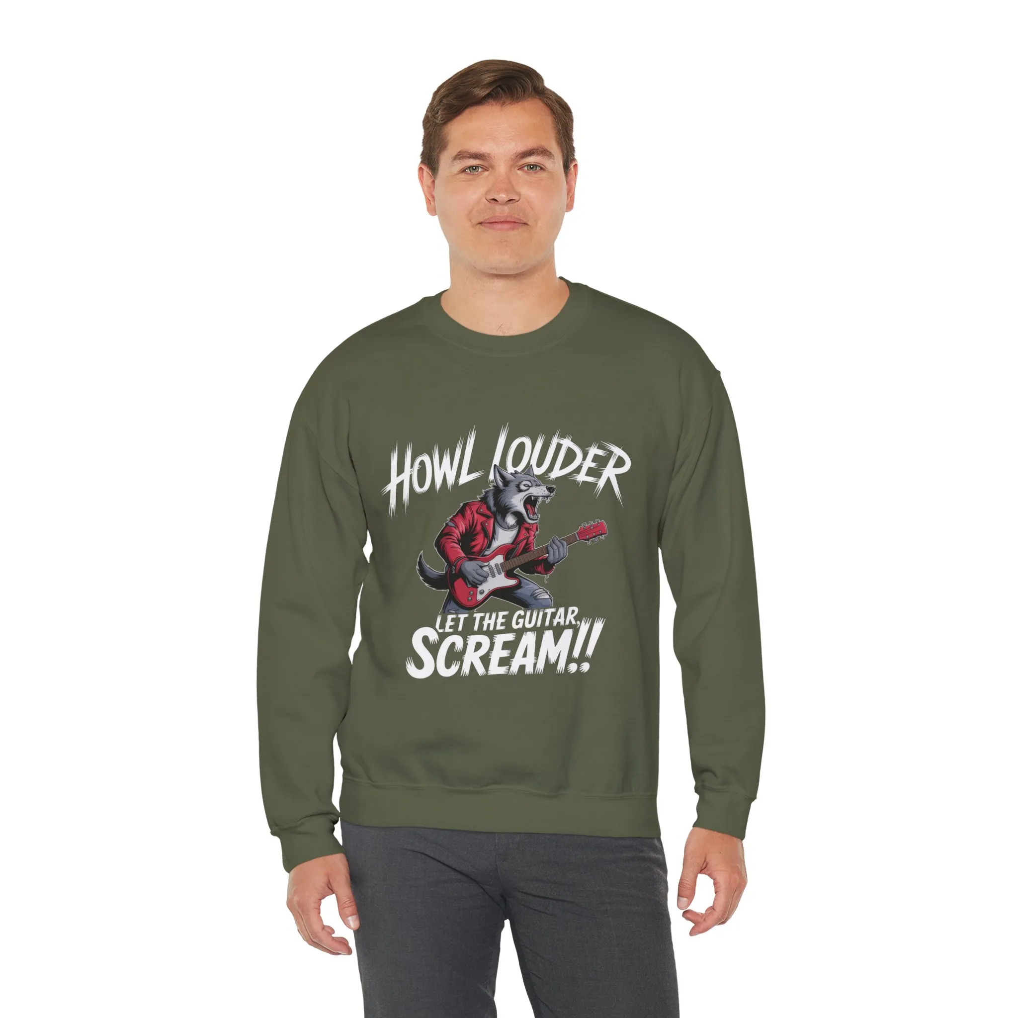 Howl Louder Wolf Sweatshirt, Let The Guitar Scream Pullover, Rock Guitar Animal Hoodie, Rocking Wolf Crewneck Sweatshirt, Music Lover Gift - Image 9