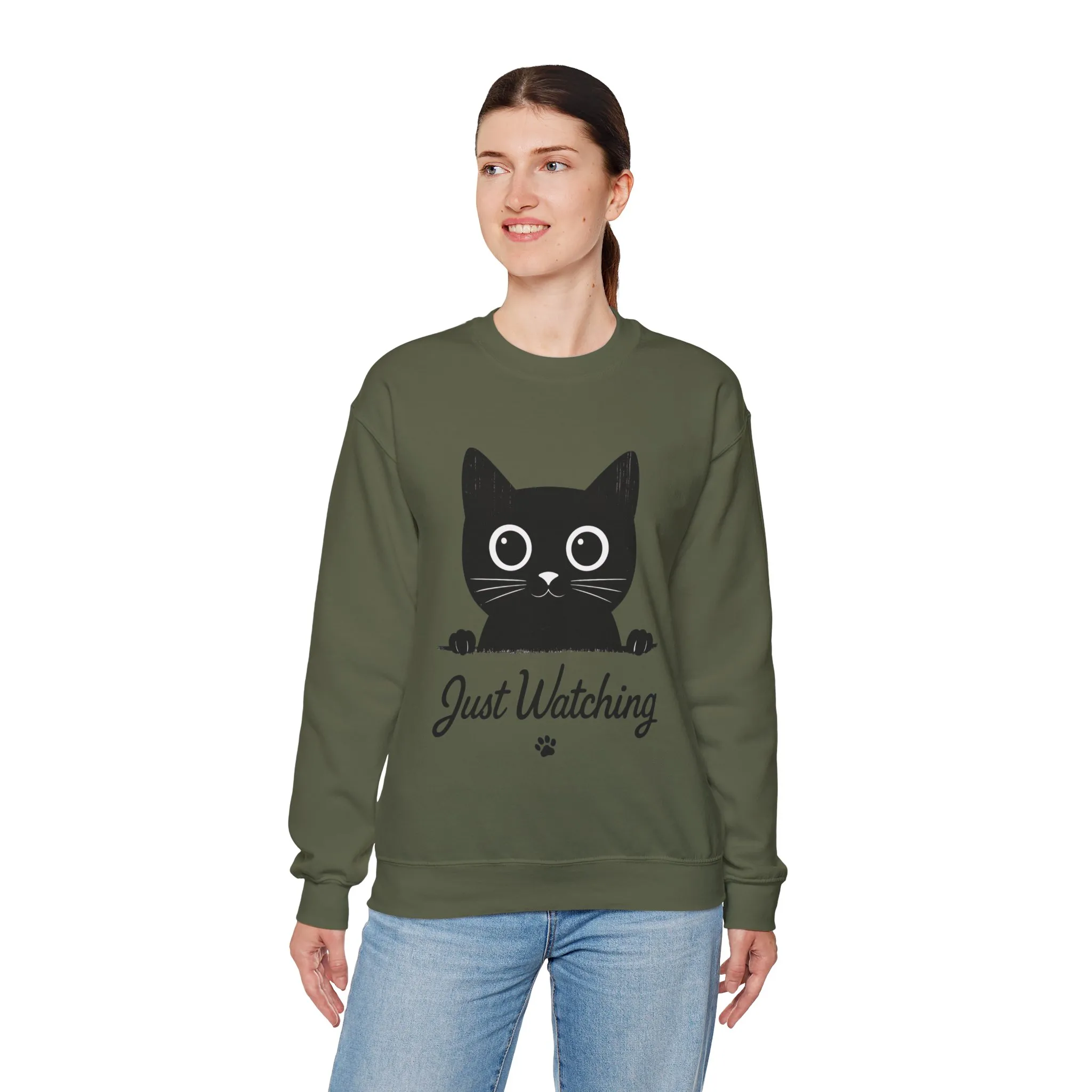 Funny Black Cat Womens Crewneck Sweatshirt - Just Watching Minimalist Kitty Pullover - Cozy Cat Lover Gift, Pet Owner Apparel - Image 9