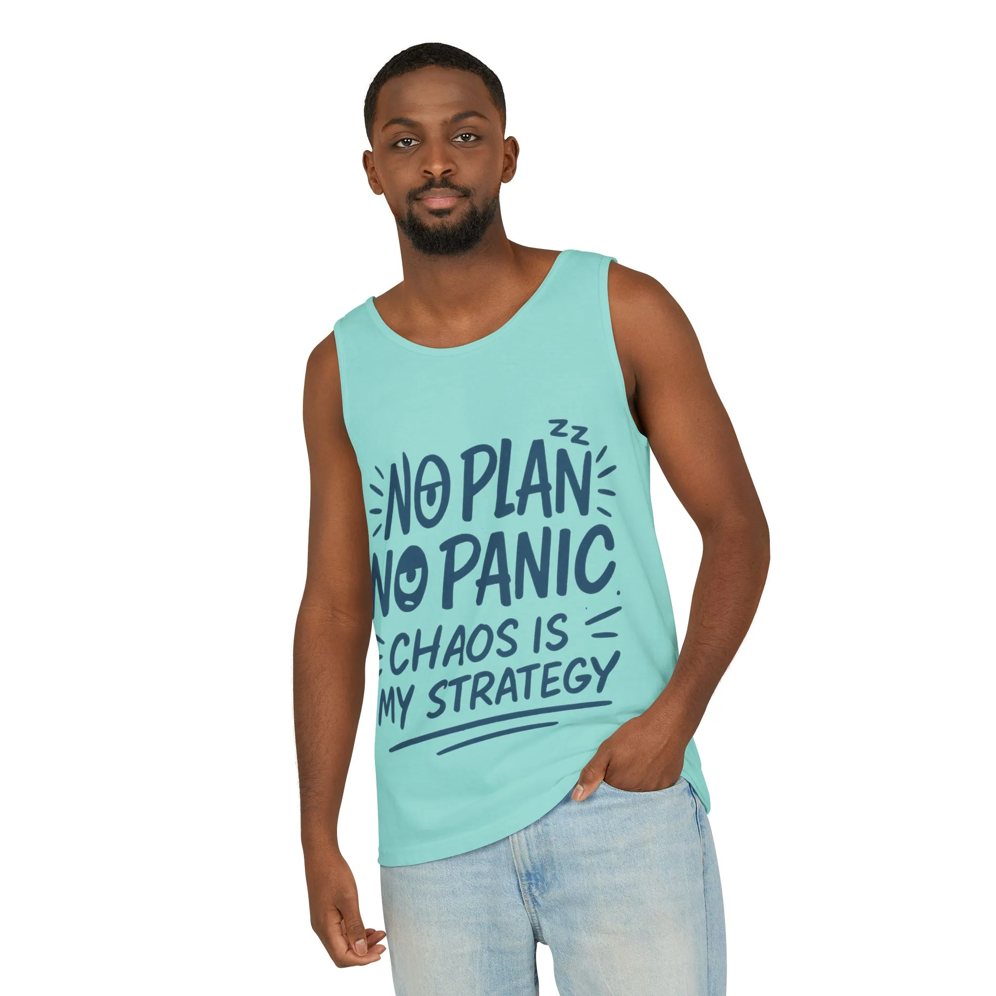 Funny Chaos Quote Mens Tank Top, No Plan No Panic Humor Shirt, Casual Graphic Tee Gift for Him, Relaxed Fit, Workout Gym Humor Shirt - Image 11