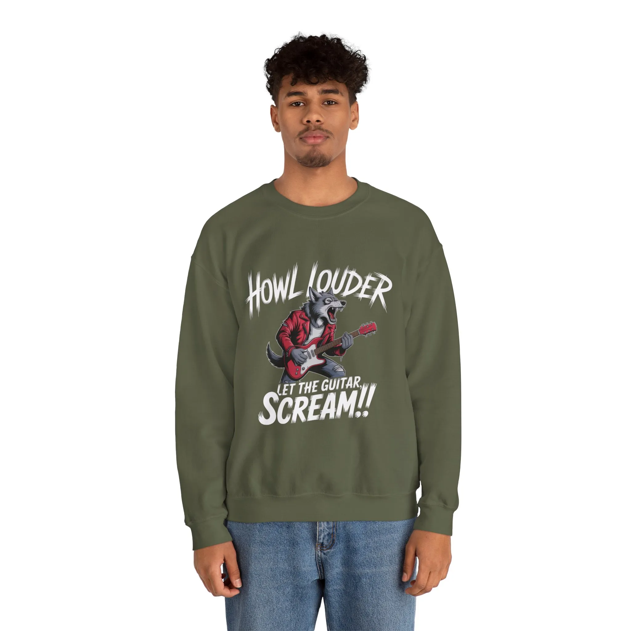 Howl Louder Wolf Sweatshirt, Let The Guitar Scream Pullover, Rock Guitar Animal Hoodie, Rocking Wolf Crewneck Sweatshirt, Music Lover Gift - Image 8