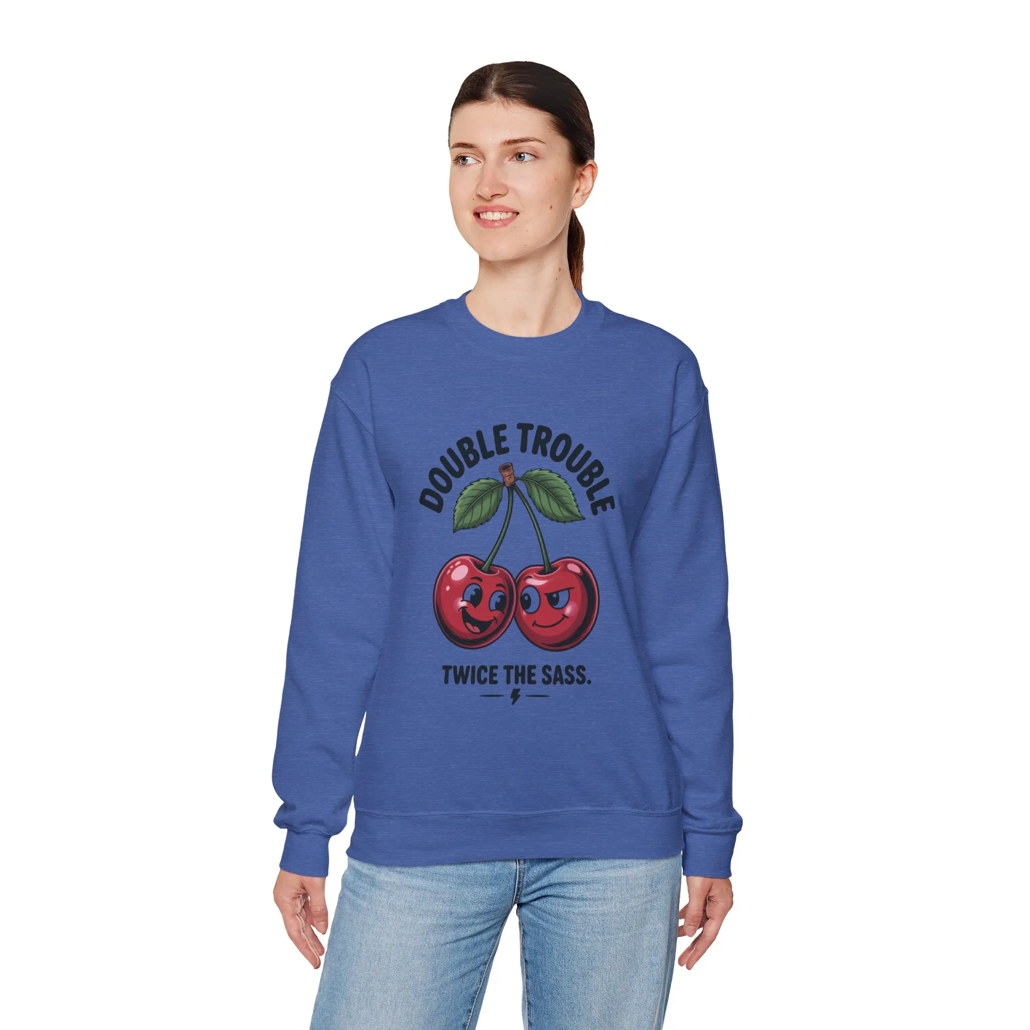 Double Trouble Cherry Sweatshirt, Cute Funny Womens Pullover, Twice The Sass Fruit Graphic Sweater, Playful Red Cherry Crewneck - Image 18