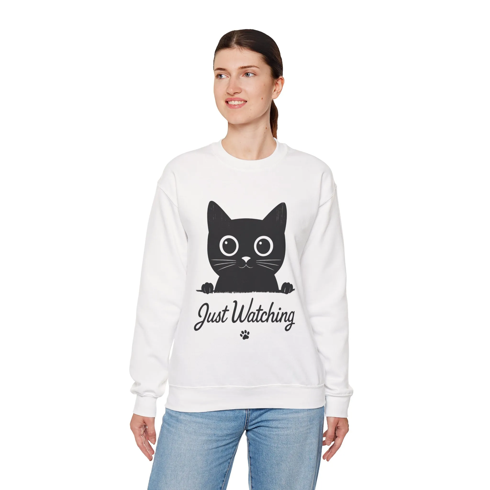 Funny Black Cat Womens Crewneck Sweatshirt - Just Watching Minimalist Kitty Pullover - Cozy Cat Lover Gift, Pet Owner Apparel - Image 3