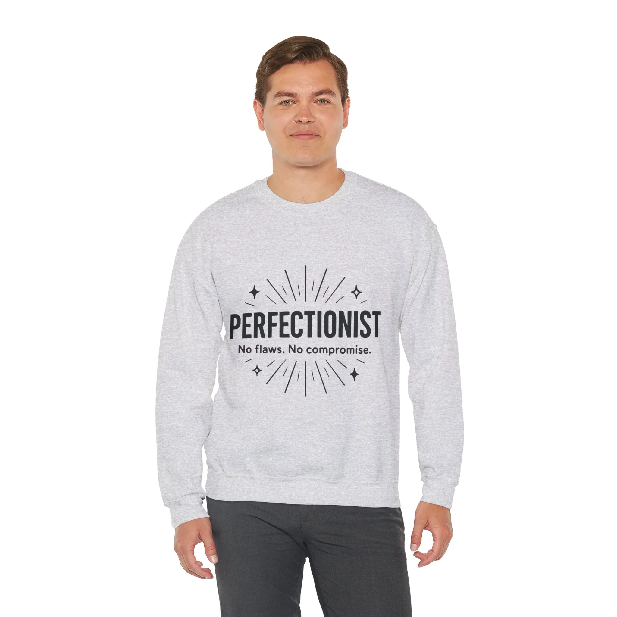 Men's Perfectionist Sweatshirt, Bold No Flaws No Compromise Design, Clean Look Funny Gift for Him, Minimal Black Graphic Pullover - Image 6