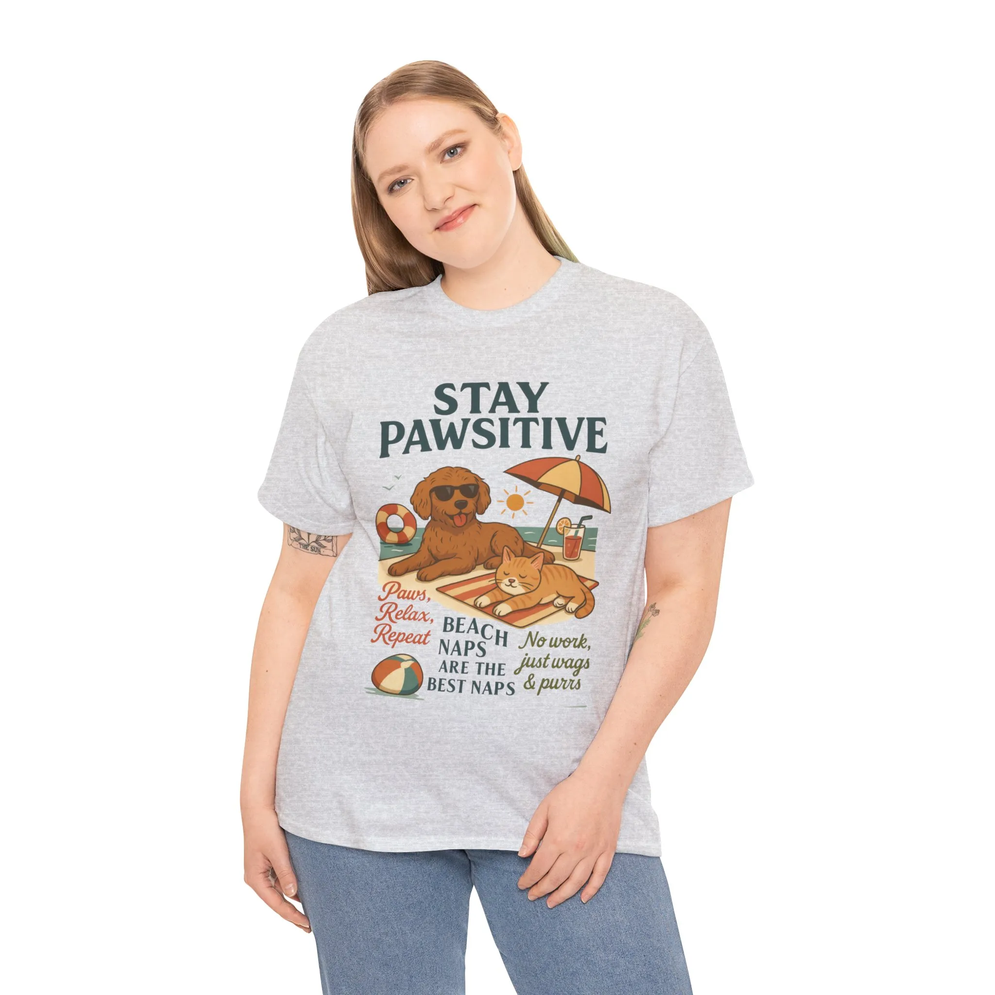 Stay Pawsitive Womens T-Shirt, Cute Dog & Cat Beach Shirt, Summer Pet Lover Tee, Animal Graphic Heavy Cotton Tee, Fun Pet Lovers Gift - Image 9