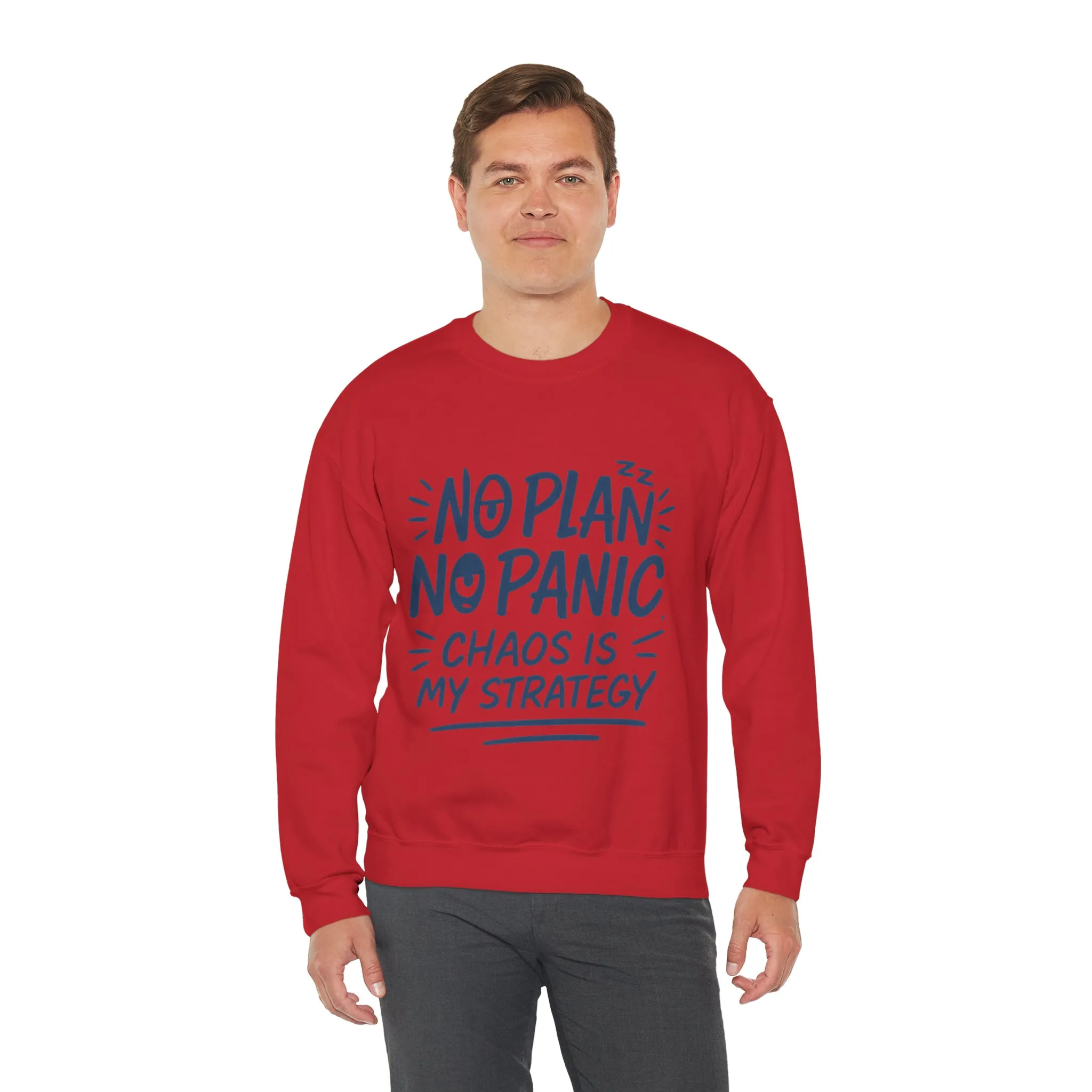 Funny Chaos Strategy Mens Sweatshirt, No Plan No Panic Quote, Cozy Relaxed Fit Pullover, Humorous Gift for Him, Unisex Style - Image 30