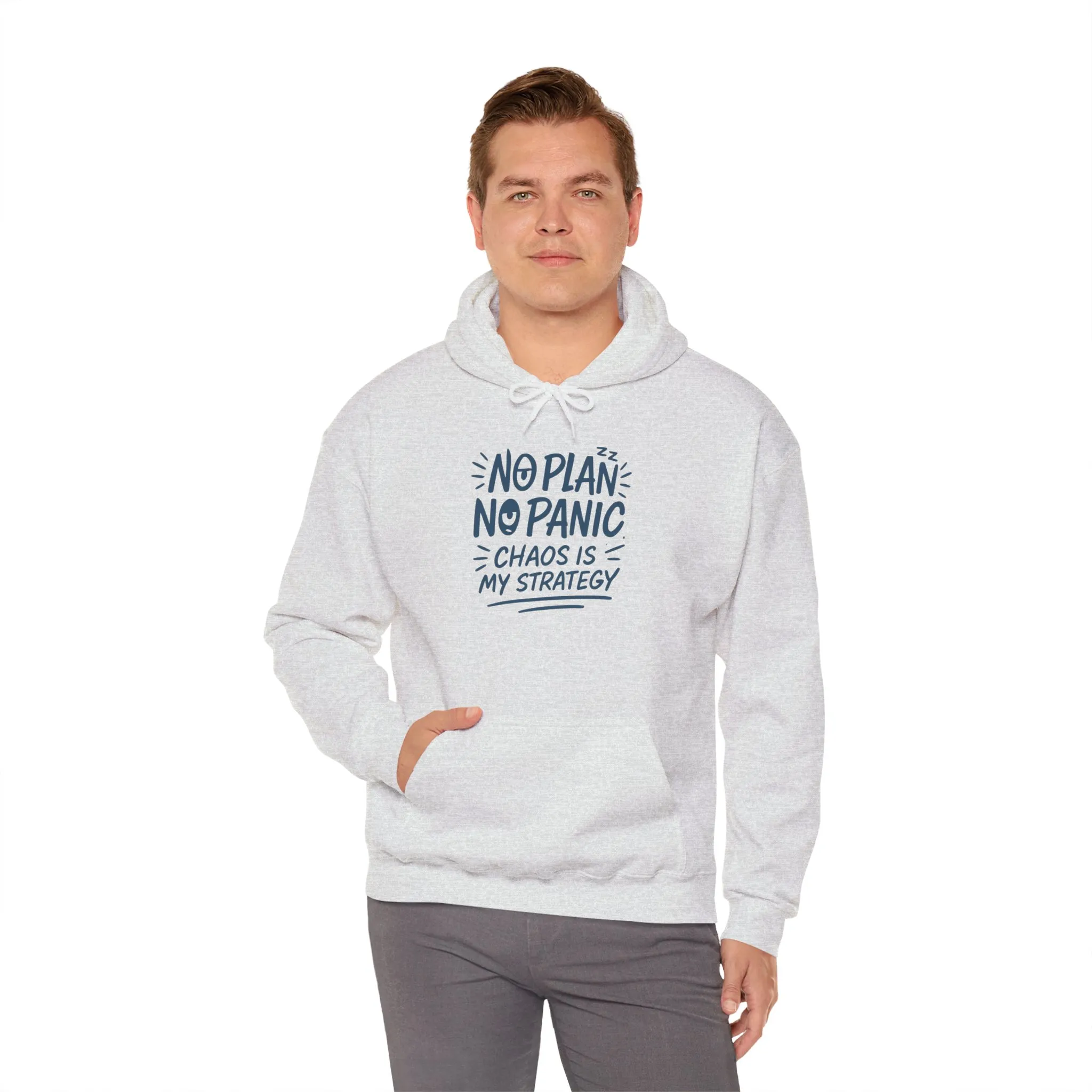 Funny Chaos Strategy Mens Hoodie, No Plan No Panic Quote Hoodie, Cozy Relaxed Fit Pullover, Humorous Gift for Him, Unisex Pullover - Image 4