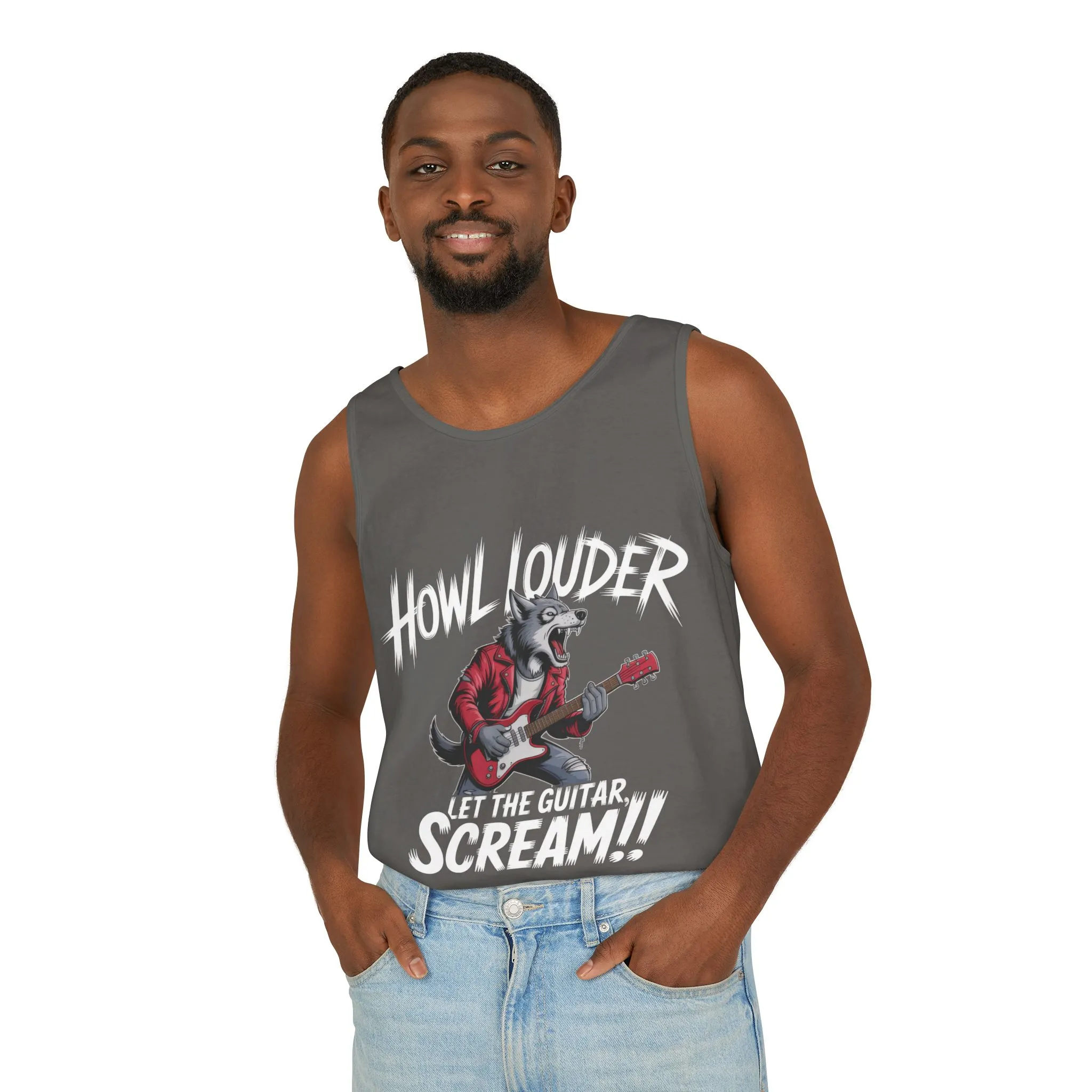 Howl Louder Wolf Tank Top, Mens Muscle Shirt, Rock Guitarist Graphic Sleeveless Tee, Wolf Workout Gym Tank, Music Lover Gift - Image 6