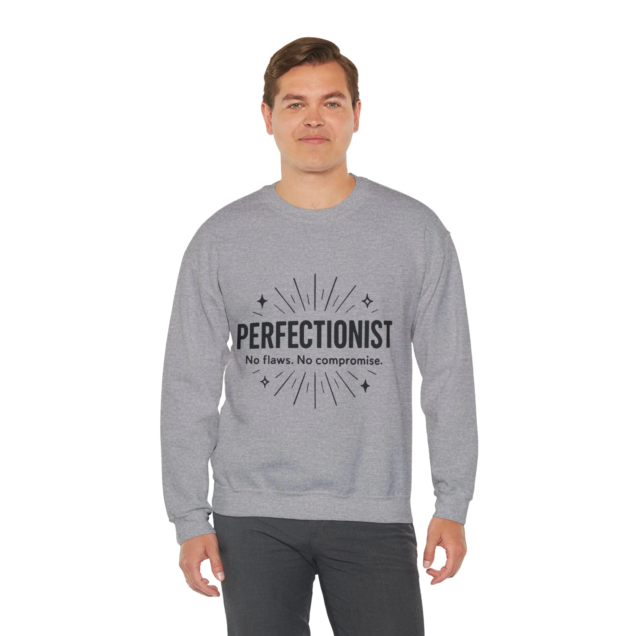 Men's Perfectionist Sweatshirt, Bold No Flaws No Compromise Design, Clean Look Funny Gift for Him, Minimal Black Graphic Pullover - Image 3