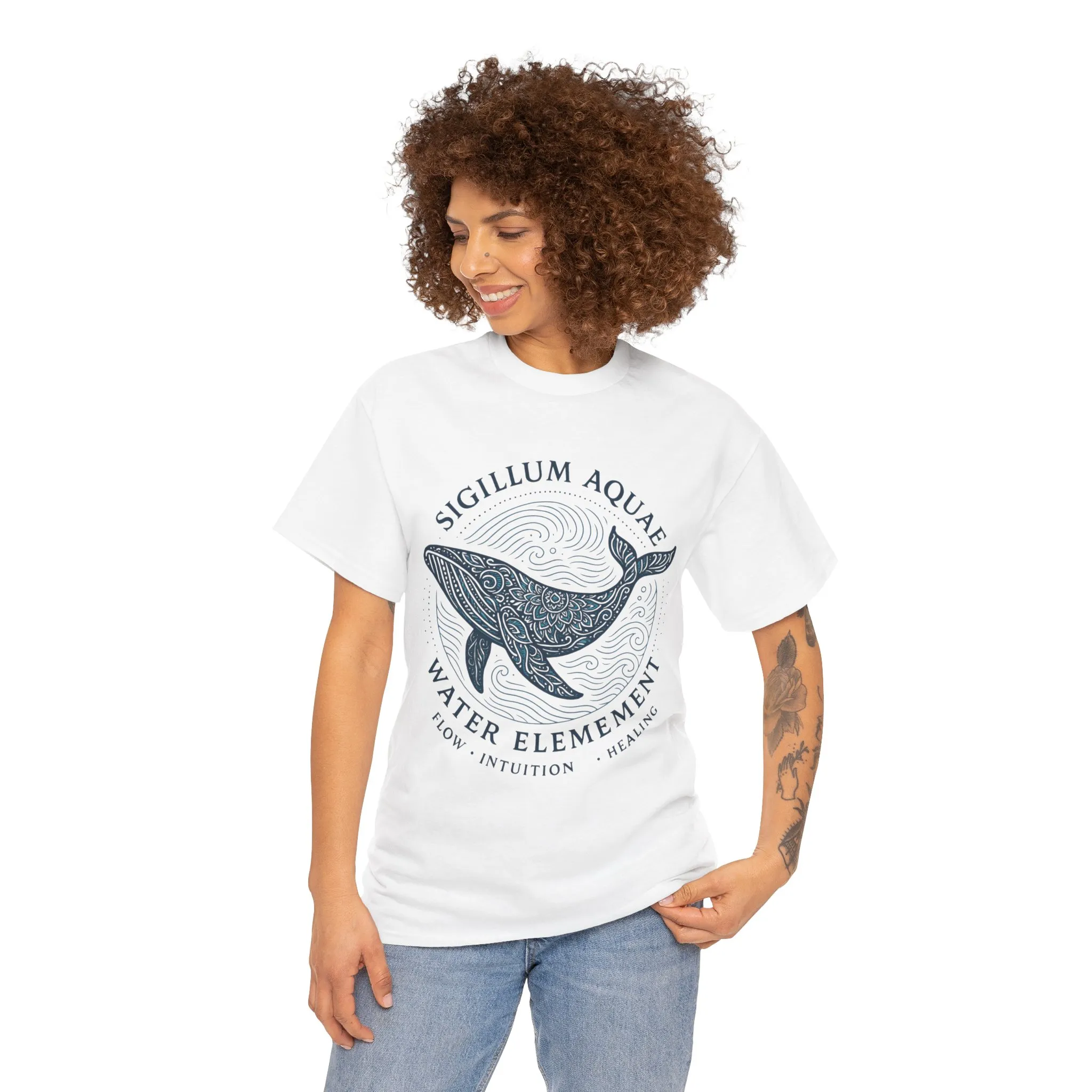 Water Element Whale Tee, Sigillum Aquae Symbol, Flow Intuition Healing, Spiritual Ocean Totem Tee, Nature Energy Shirt, Mindfulness Fashion - Image 3