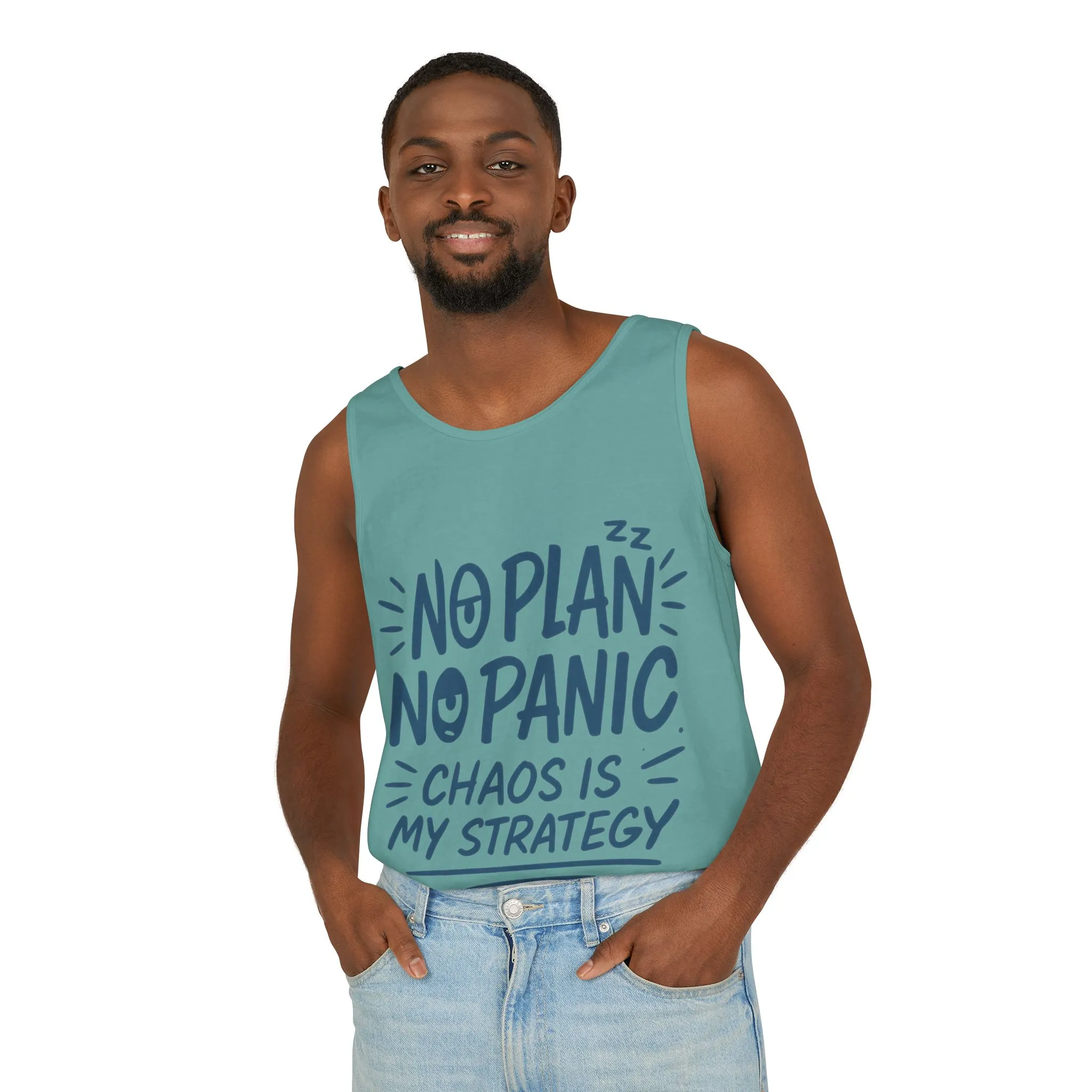 Funny Chaos Quote Mens Tank Top, No Plan No Panic Humor Shirt, Casual Graphic Tee Gift for Him, Relaxed Fit, Workout Gym Humor Shirt - Image 15