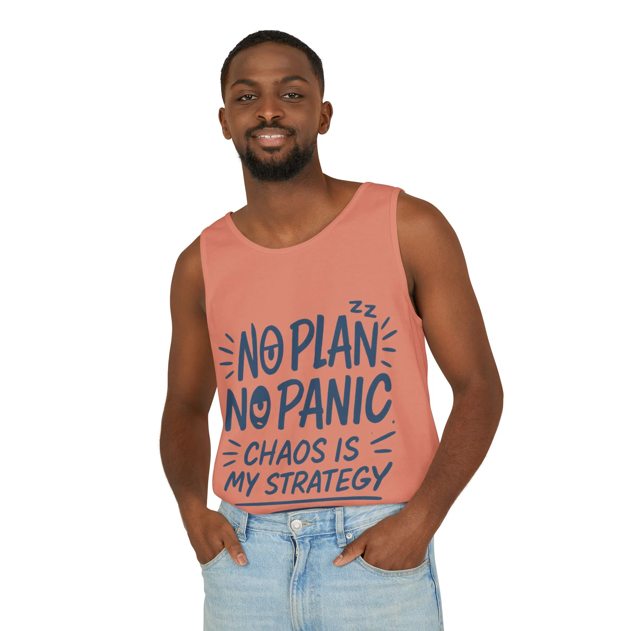 Funny Chaos Quote Mens Tank Top, No Plan No Panic Humor Shirt, Casual Graphic Tee Gift for Him, Relaxed Fit, Workout Gym Humor Shirt - Image 9