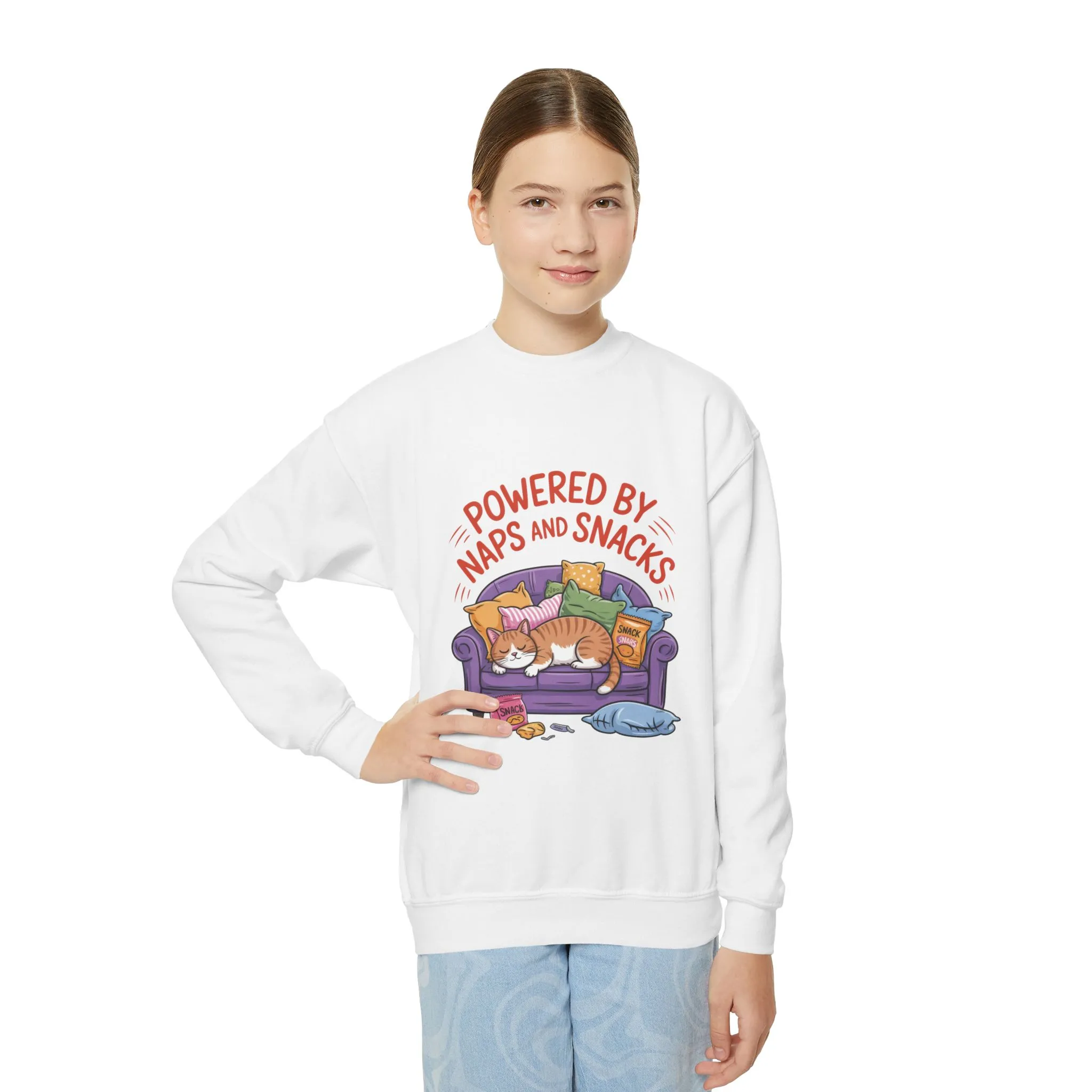 Youth Sweatshirt - Powered by Naps and Snacks, Cozy Apparel for Kids, Perfect for Chill Days, Gift for Cat Lovers, Funny Sweatshirt - Image 4