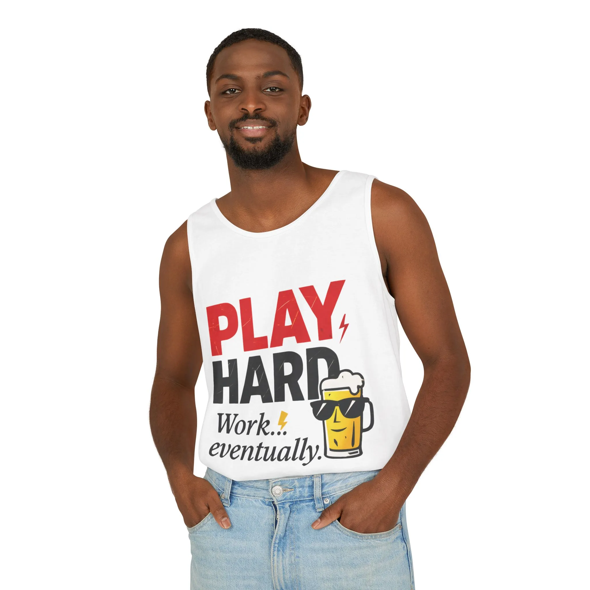 Casual Tank Top with Play Hard Print, Fun Summer Apparel, Gift for Dad or Friends, Beach Wear, Workout Top, Party Attire - Image 6