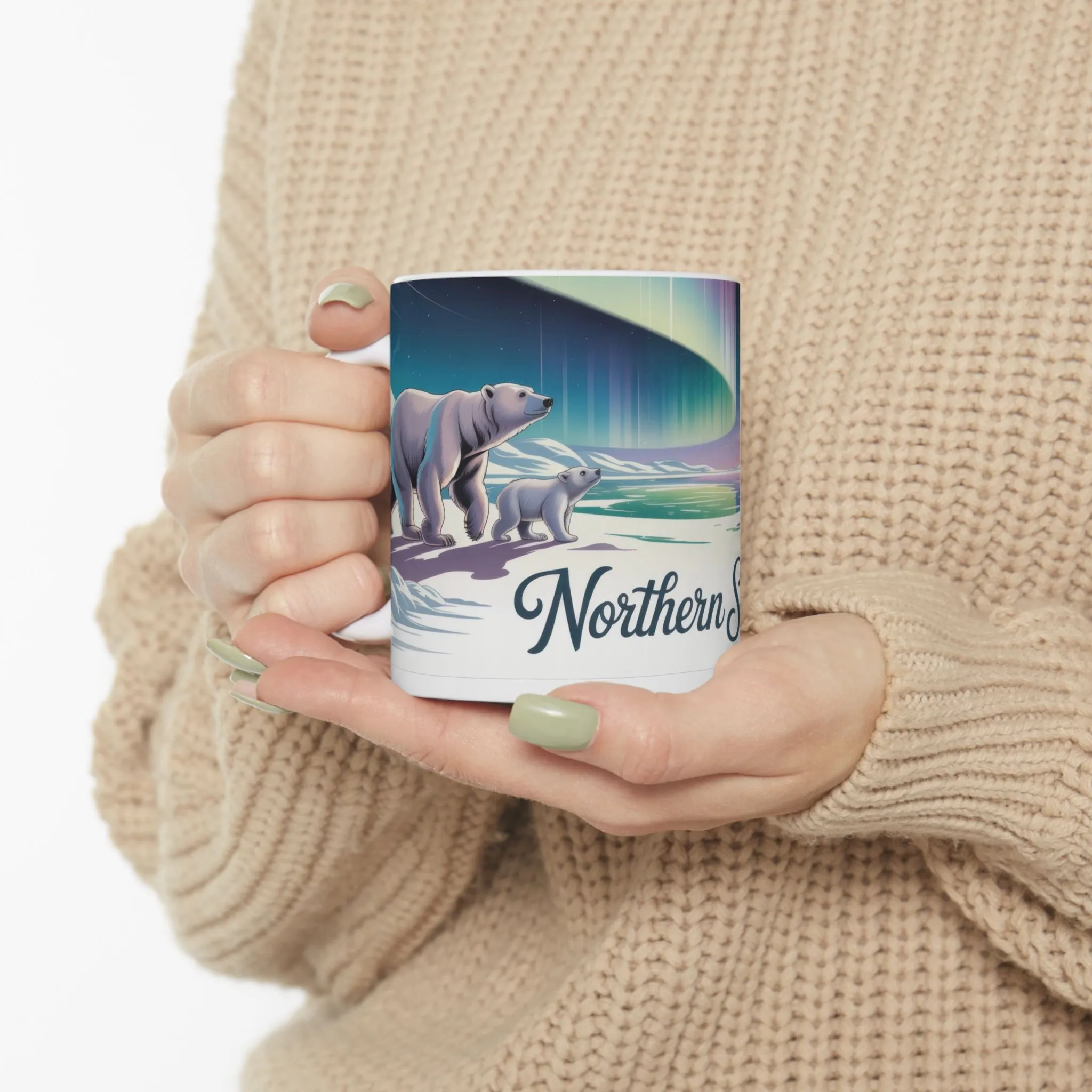 Northern Serenity Polar Bear Mug, Arctic Aurora Coffee Cup, Winter Wildlife Gift, Cute Animal Nature Lover Mug, Holiday Present - Image 6