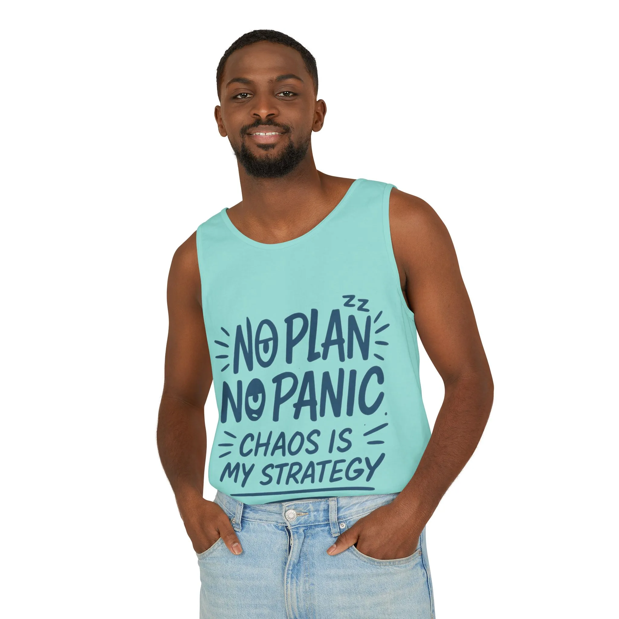 Funny Chaos Quote Mens Tank Top, No Plan No Panic Humor Shirt, Casual Graphic Tee Gift for Him, Relaxed Fit, Workout Gym Humor Shirt - Image 12